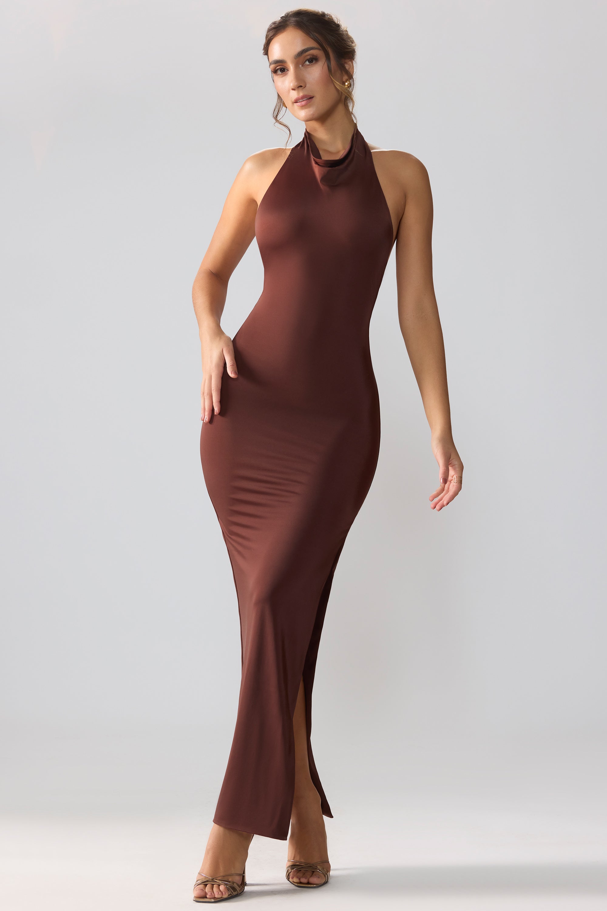 Anise-Premium Jersey Cowl Neck Backless Maxi Dress in Espresso