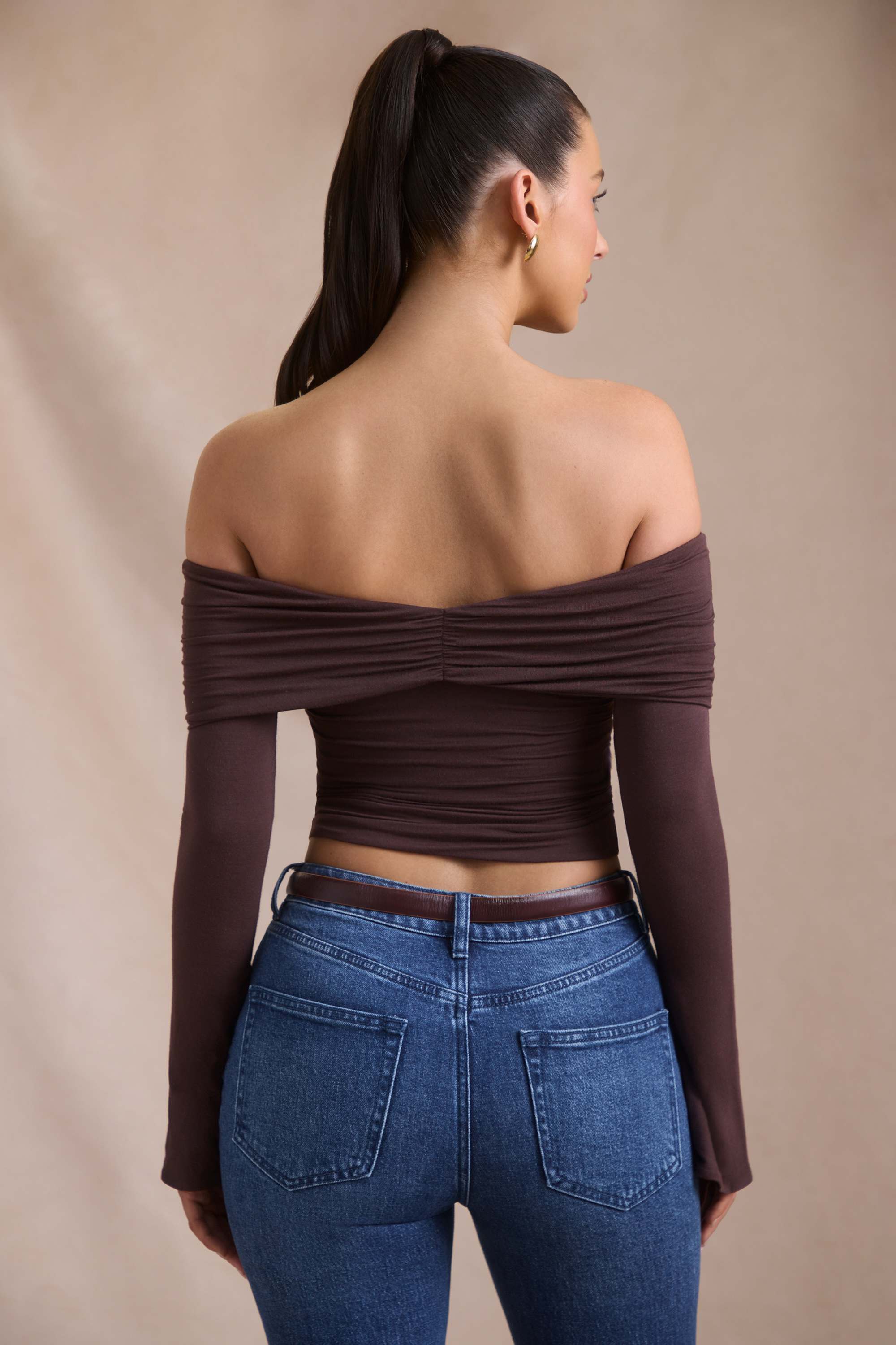 Pavni-Modal-Cashmere Blend Off-Shoulder Ruched Top in Espresso