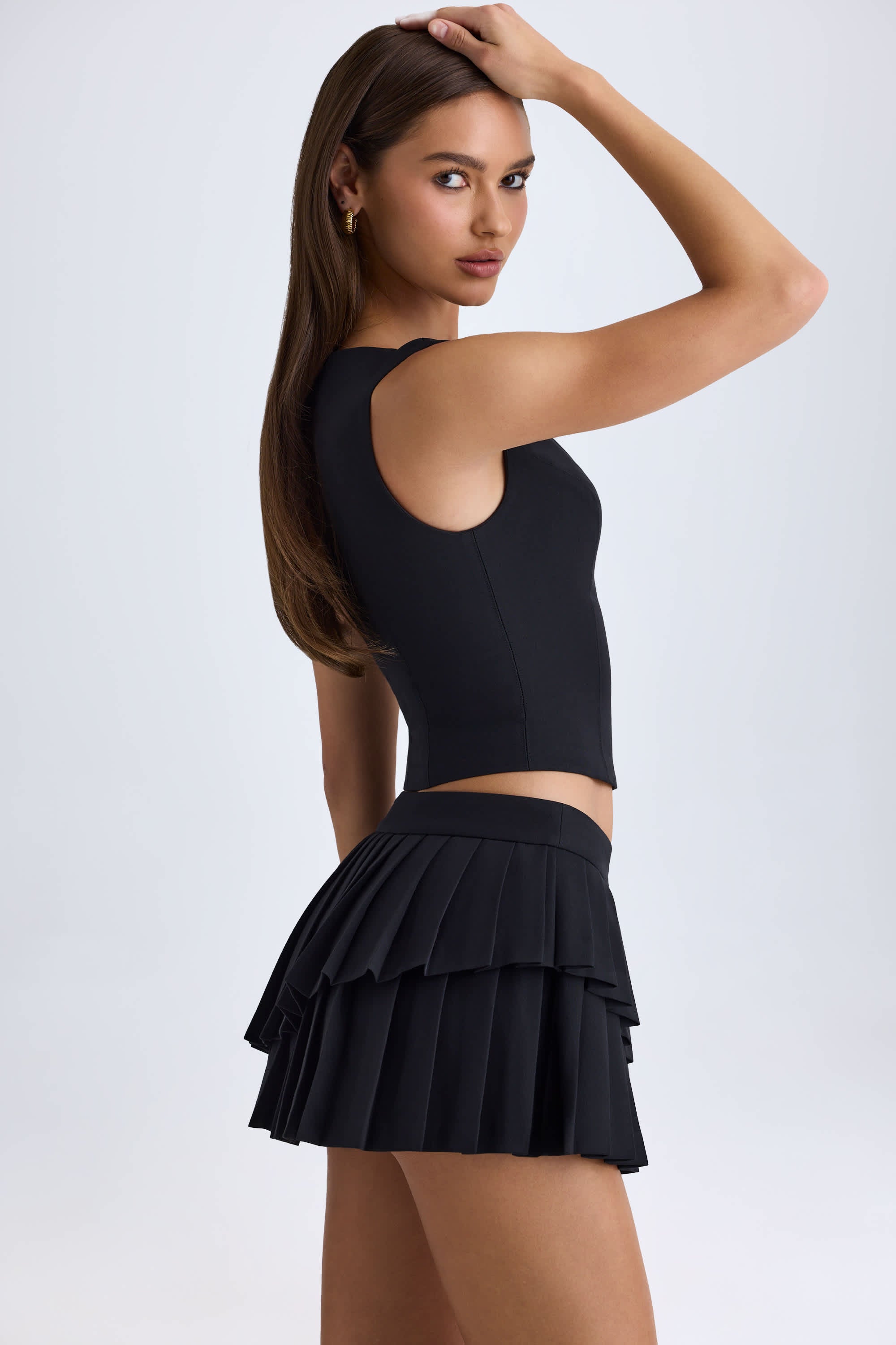 Nada-Layered Pleated Low-Rise Mini Skirt in Black