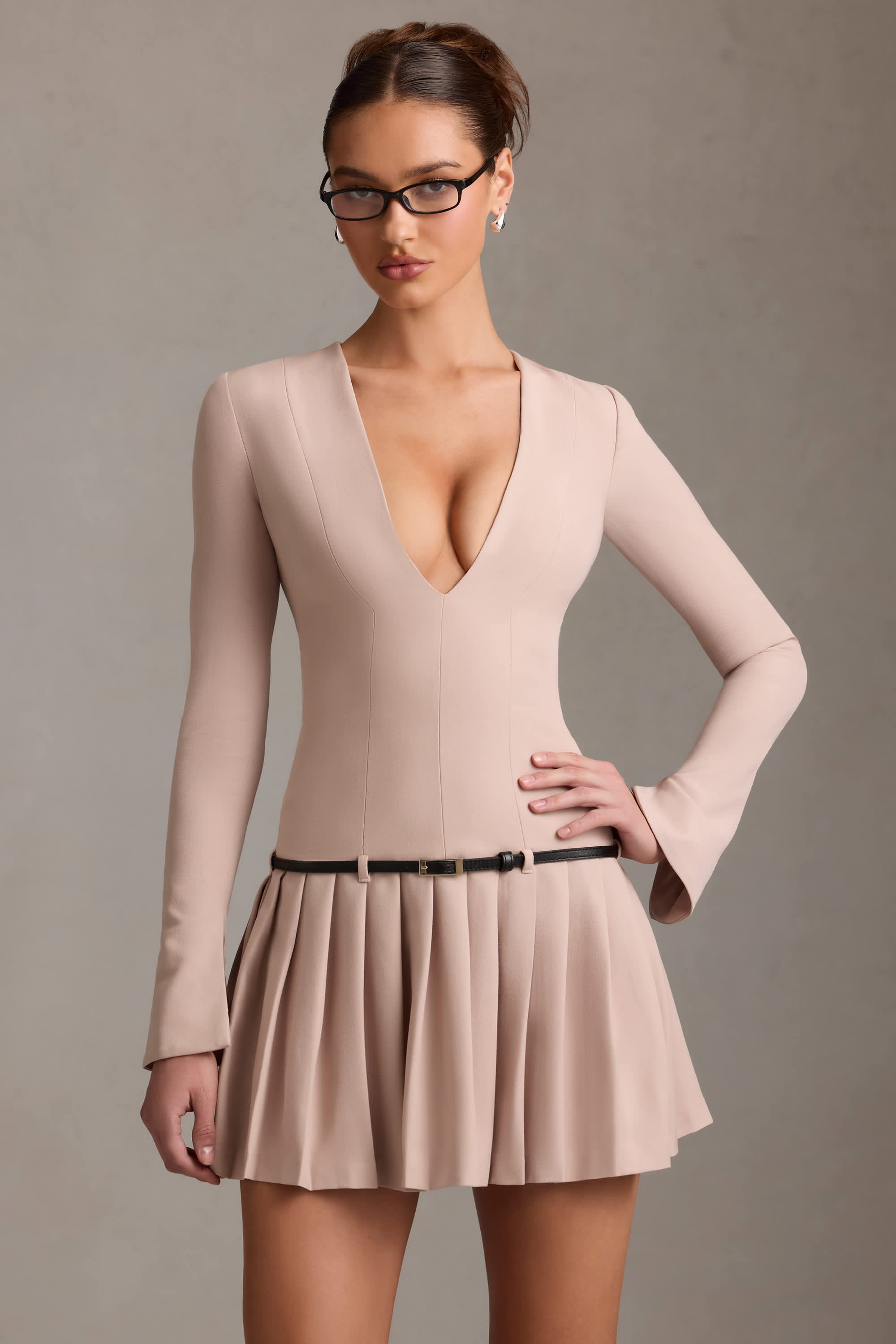 Fiorella-Long-Sleeve Pleated Mini Dress in Mushroom