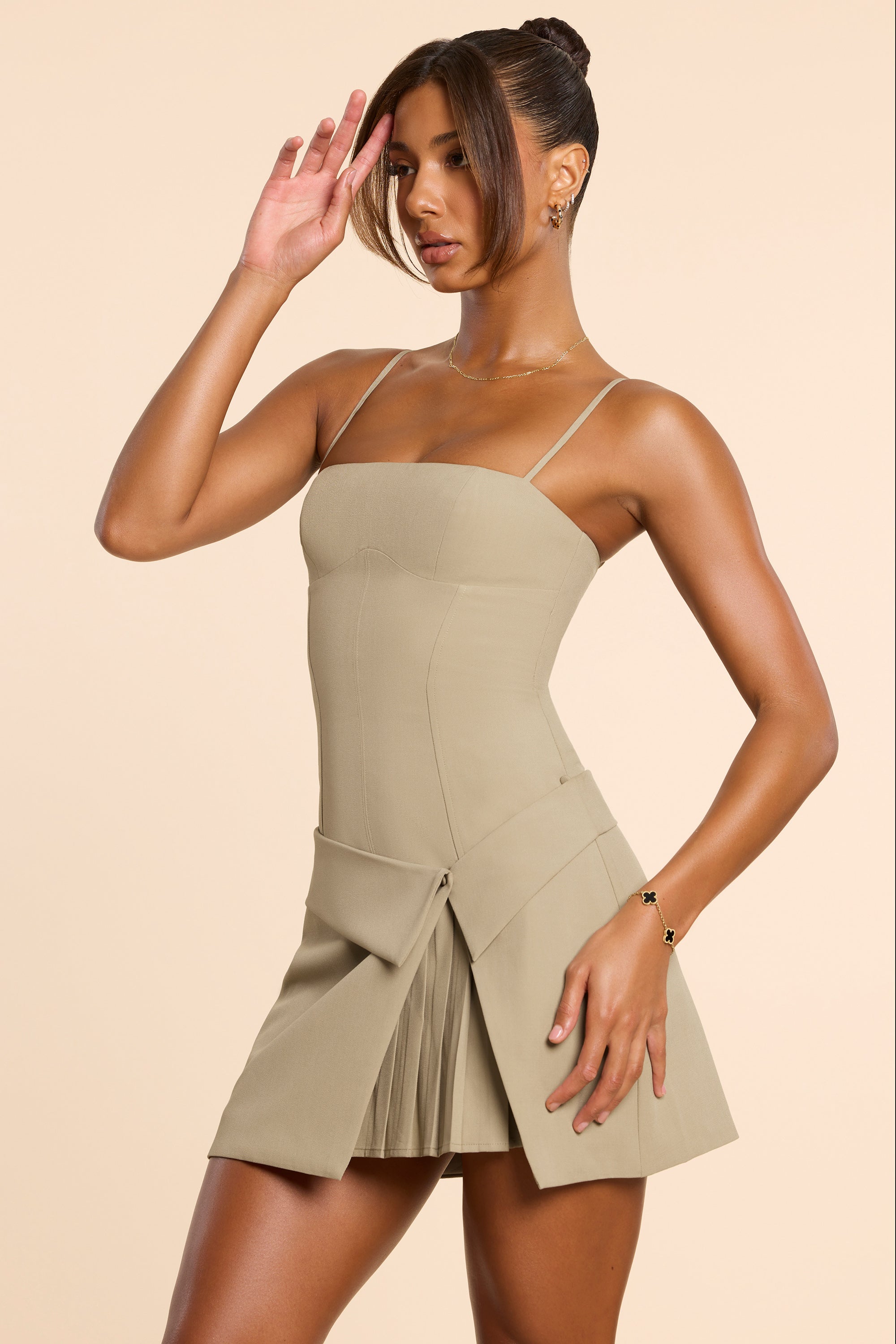 Bruna-Woven Twill Wrap Over Pleated Mini Dress in Taupe