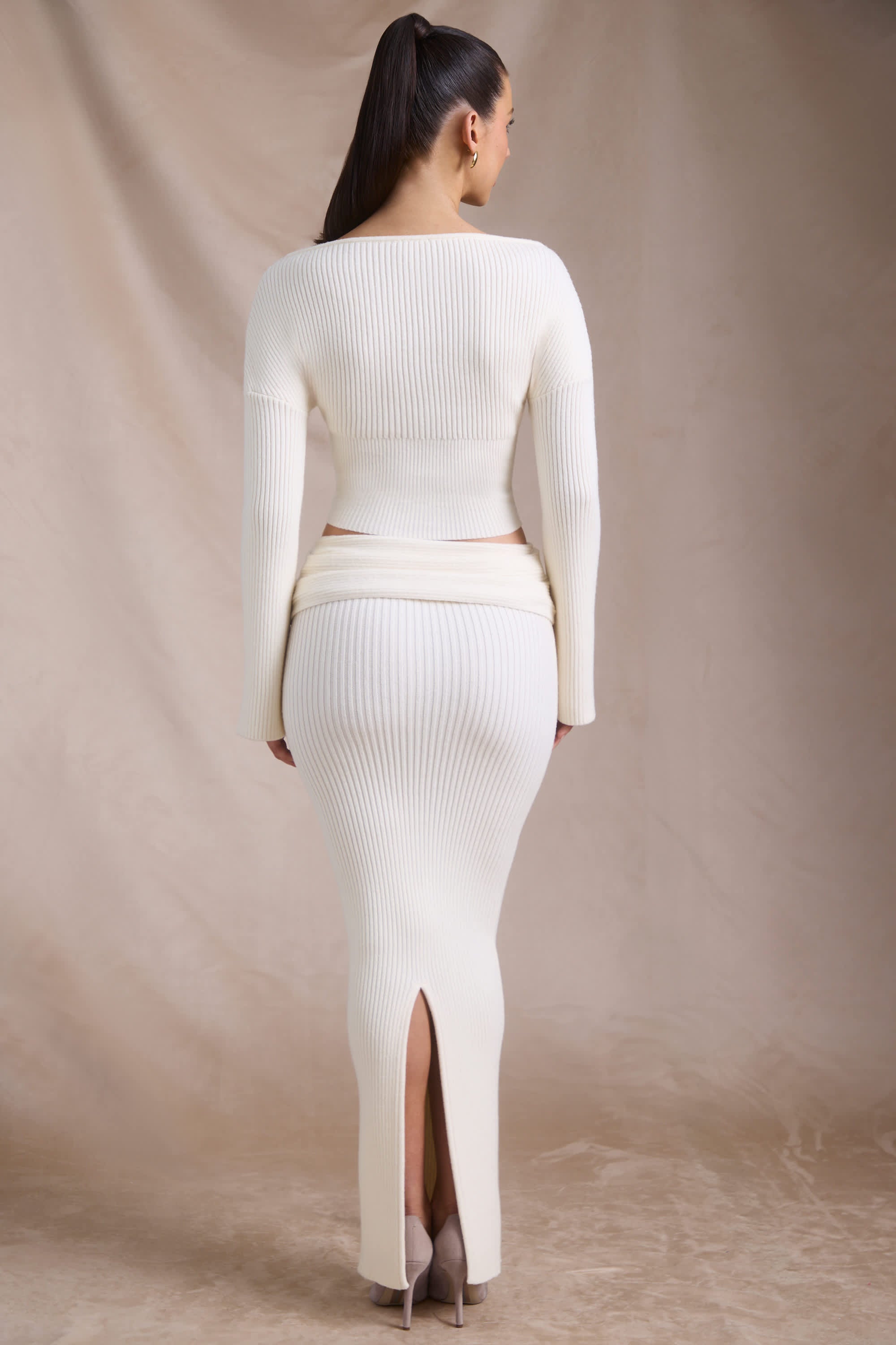 Edalene-Ribbed-Knit Foldover Maxi Skirt in Ivory