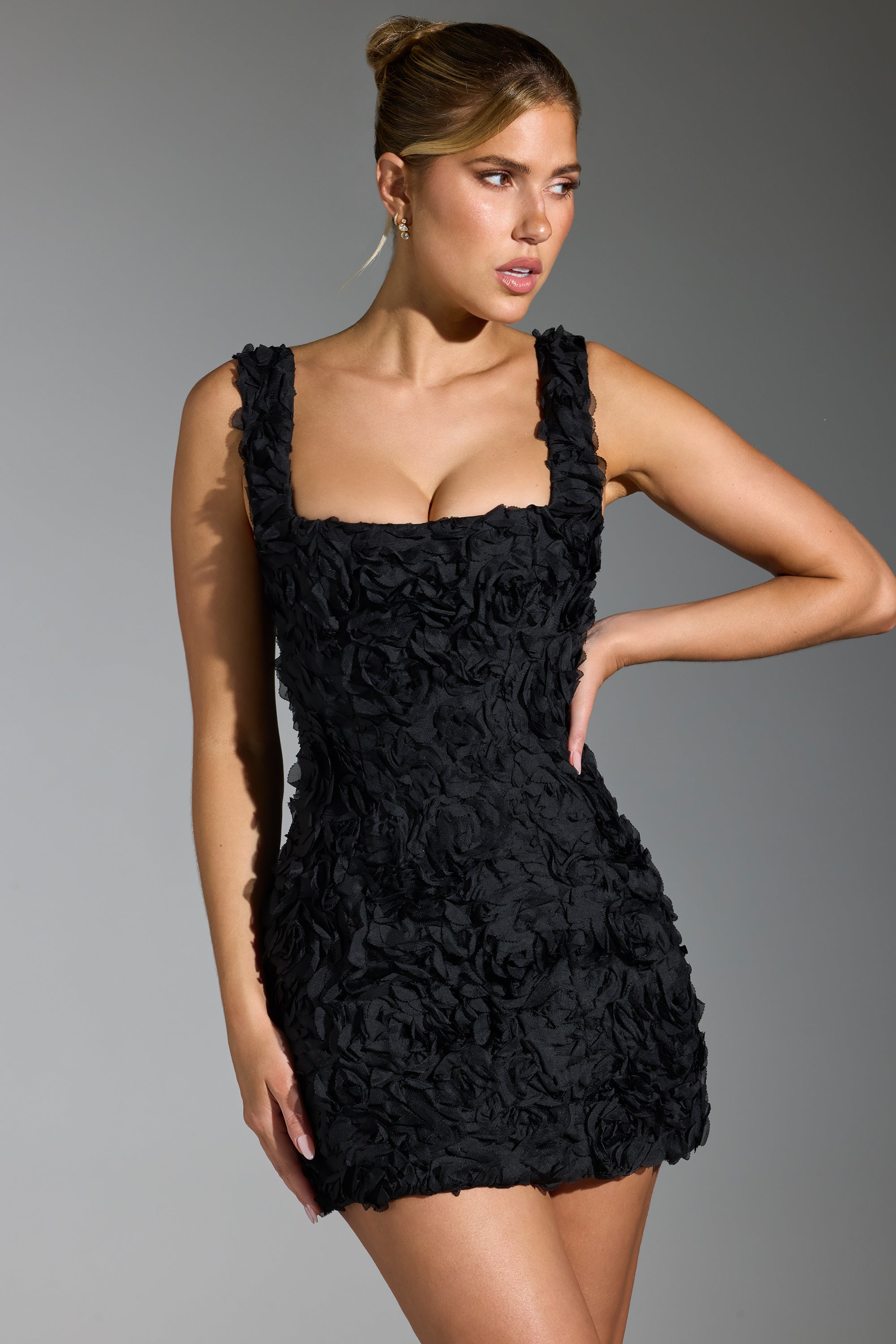 Posy-Floral-Appliqué Corset Mini Dress in Black