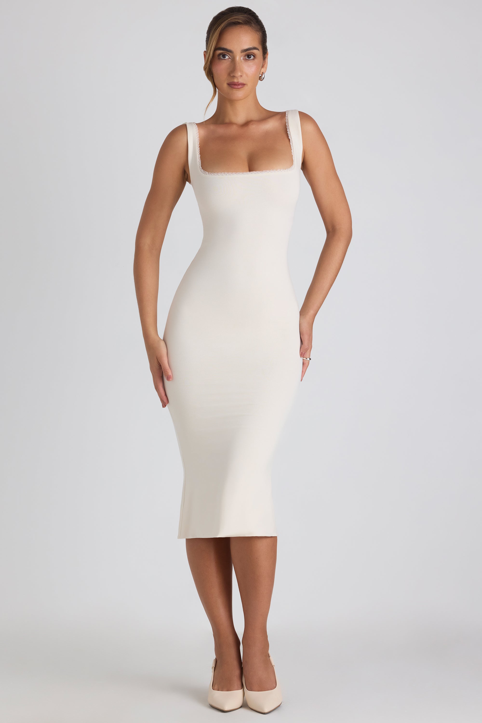 Navi-Modal Lace-Trim Midaxi Dress in Ivory