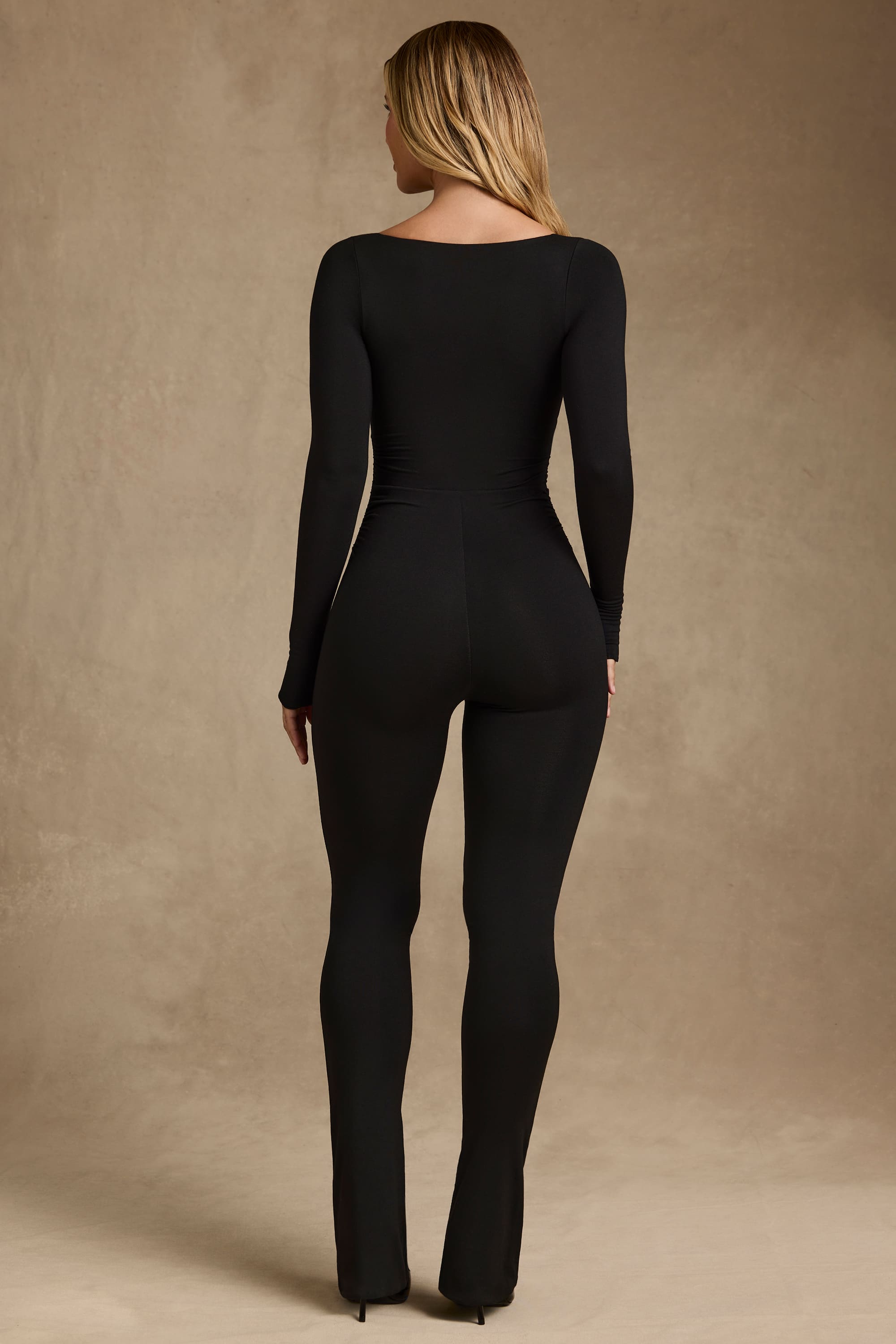 Leida-Modal Ruched Long-Sleeve Jumpsuit in Black
