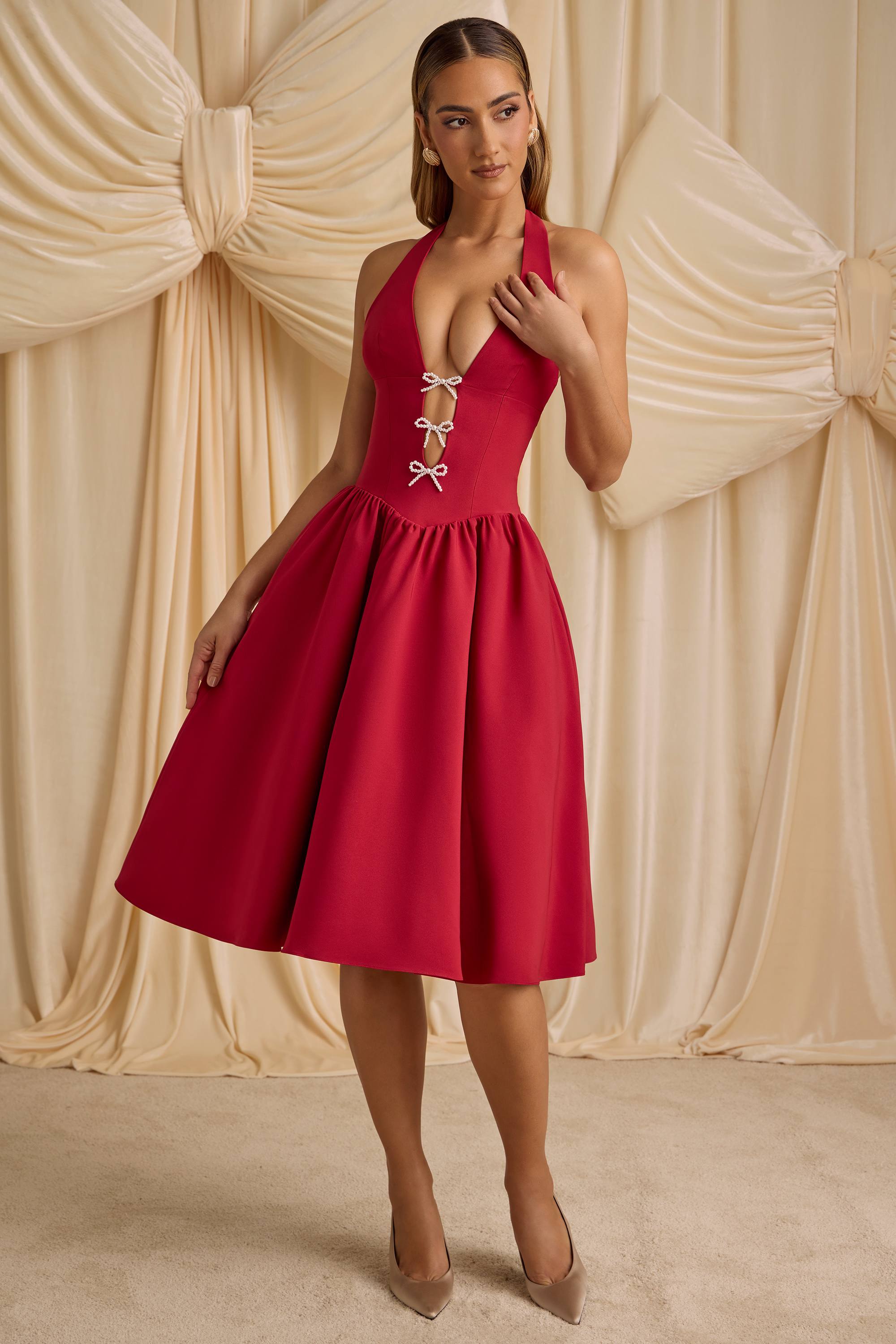 Angelina-Halterneck Bow-Detail Midi Dress in True Red