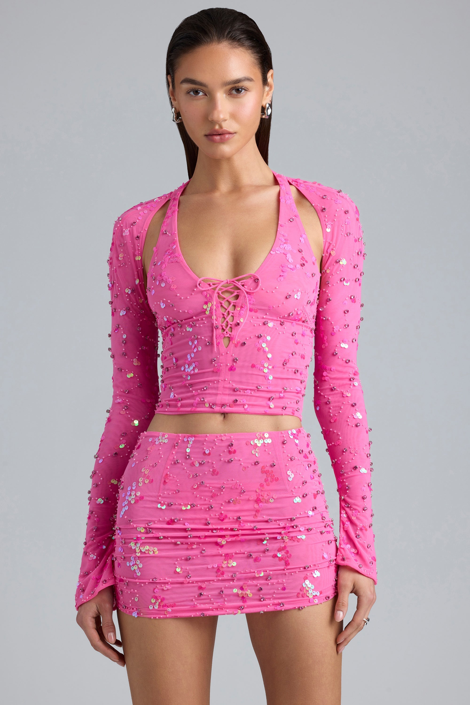 Liana-Embellished Cut-Out Halterneck Top in Bubblegum Pink