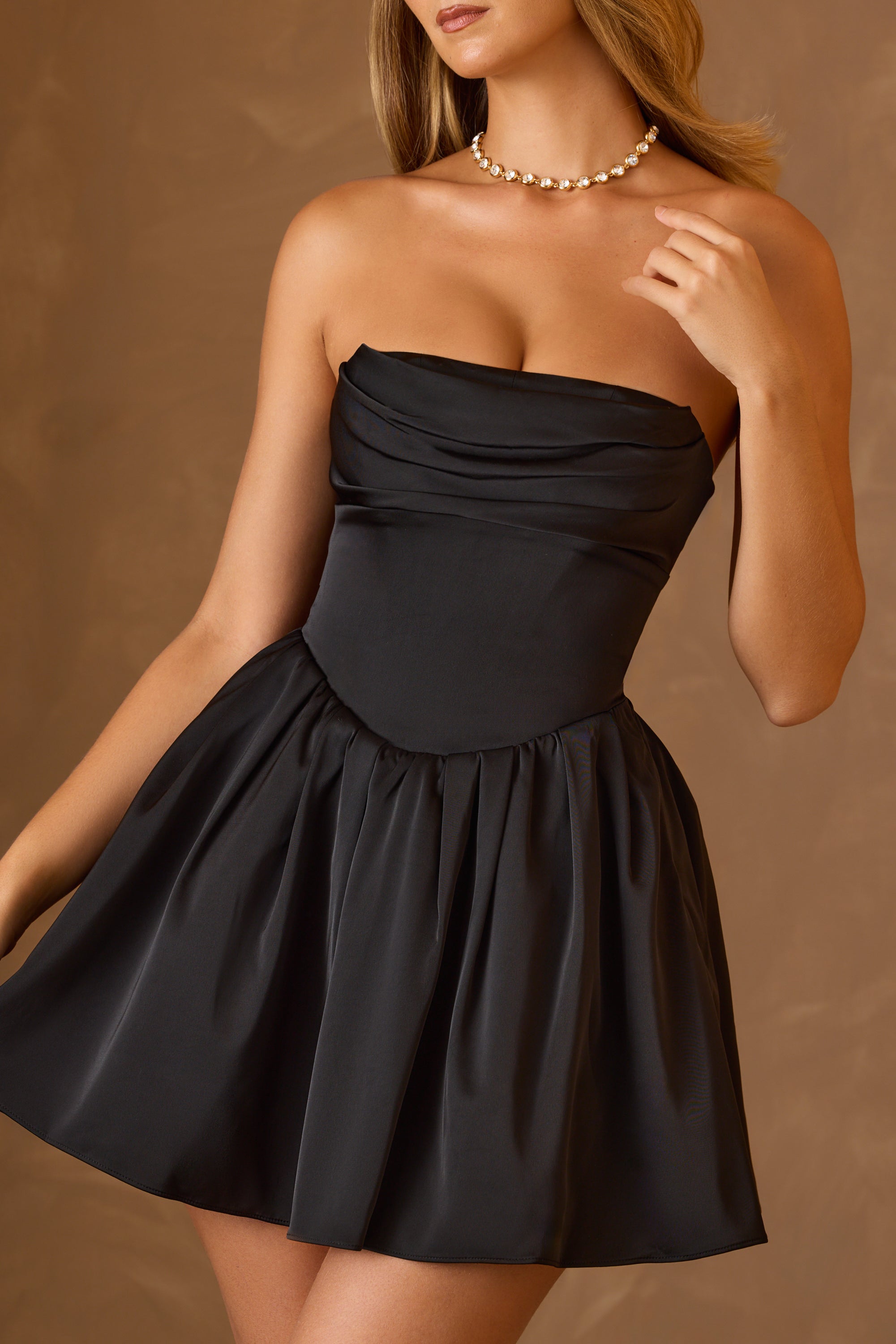 Emina-Cowl-Neck Corset Mini Dress in Black