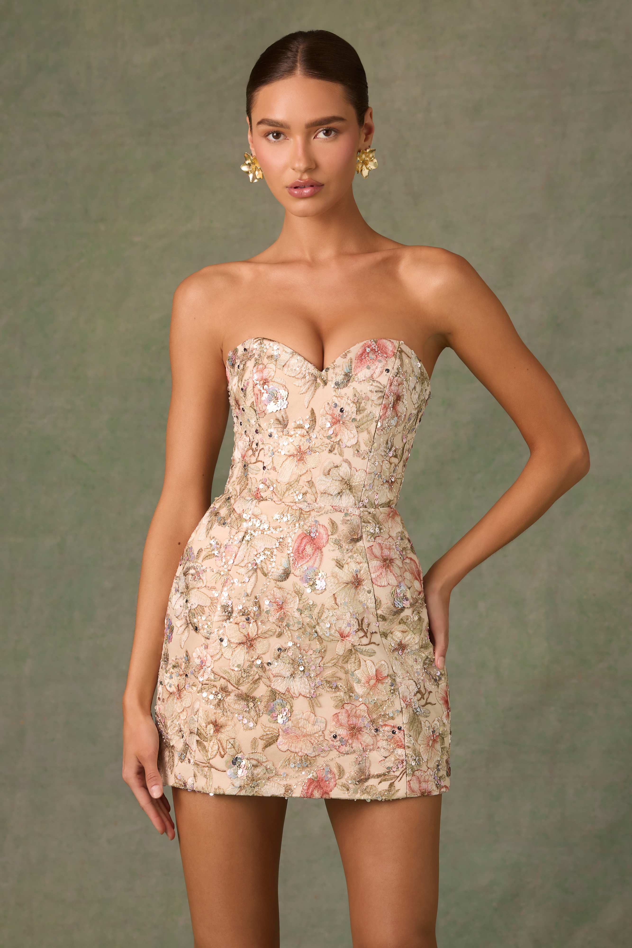 Dahlia-Embellished Strapless A-Line Mini Dress in Floral Beige
