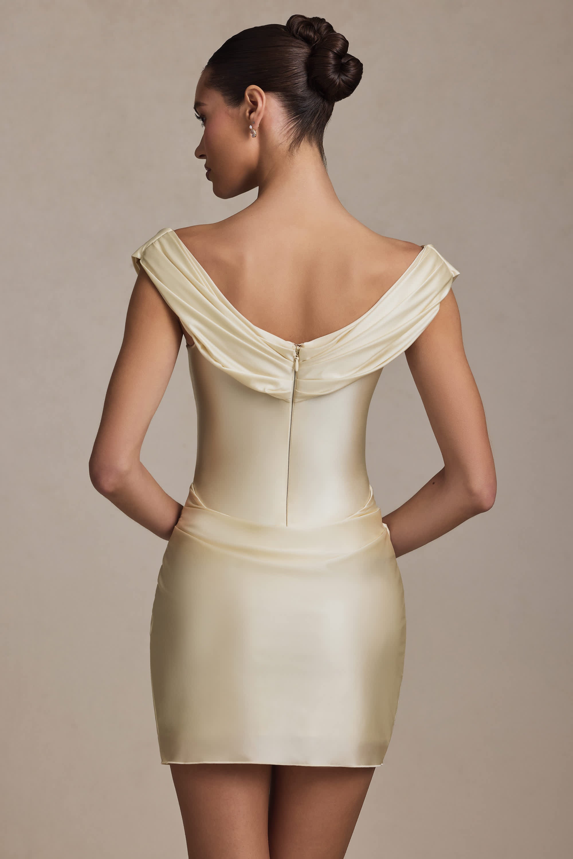 Maeve-Off-Shoulder Draped Mini Dress in Ivory