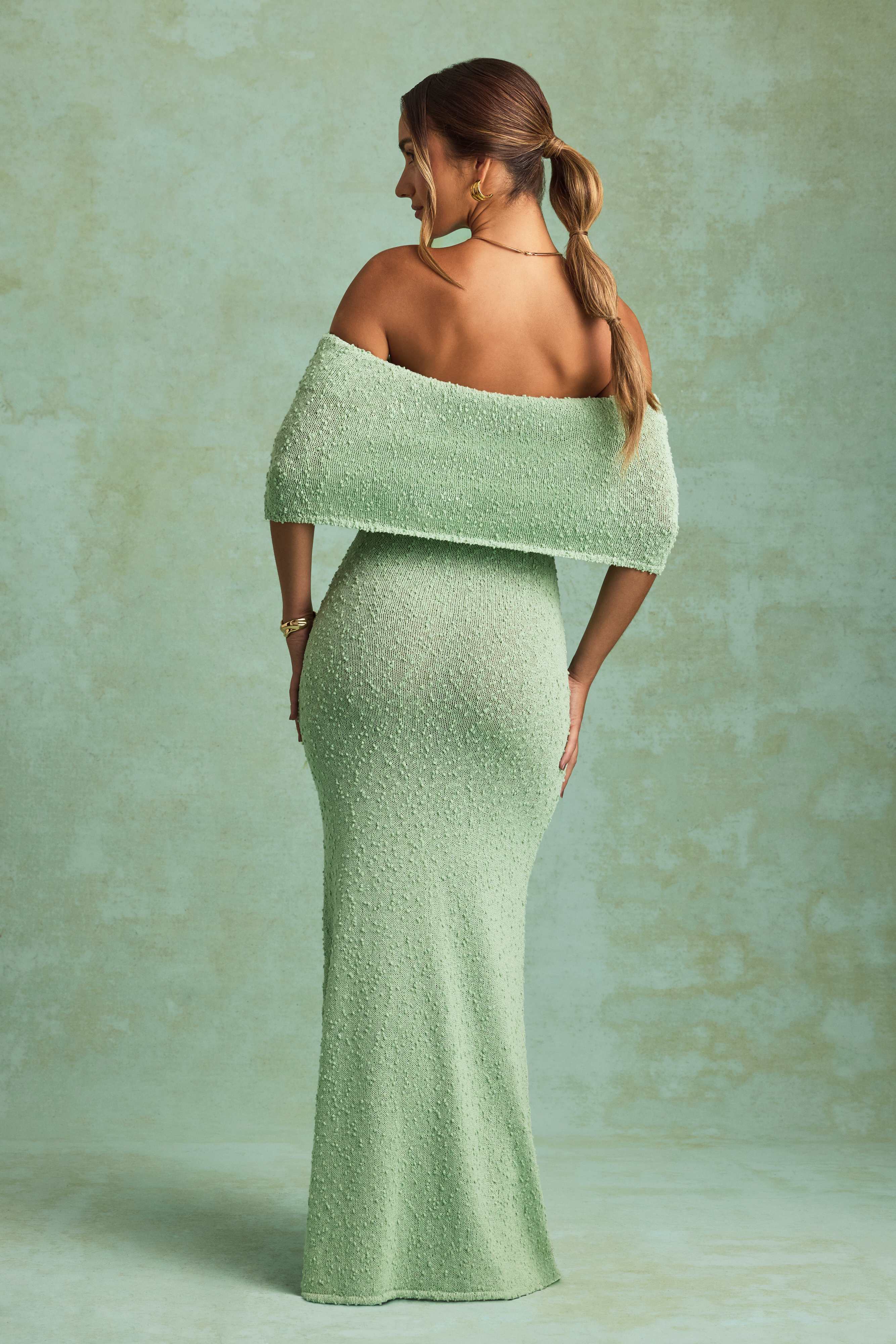 Naia-Bouclé Off-Shoulder Maxi Dress in Mint