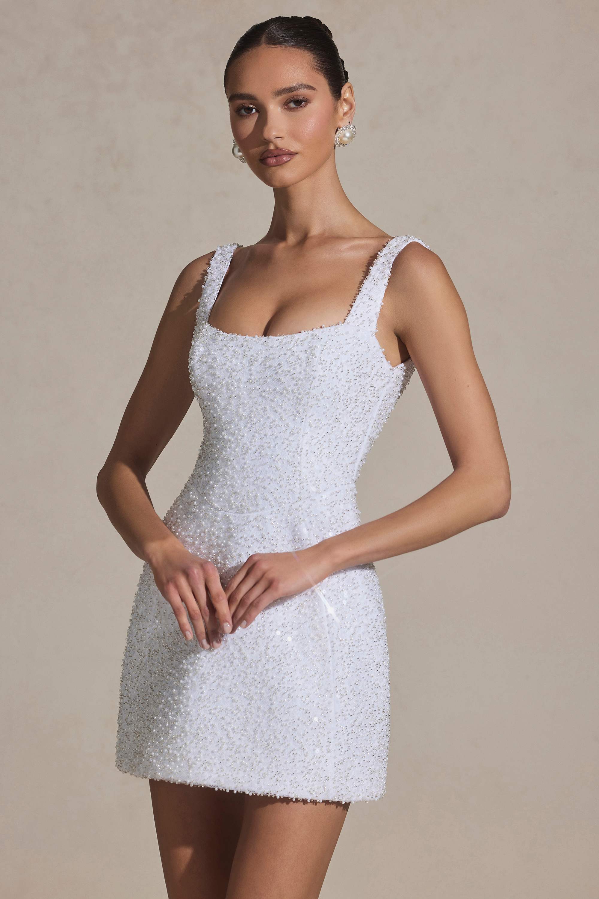 Dominique-Embellished Structured A-Line Mini Dress in White