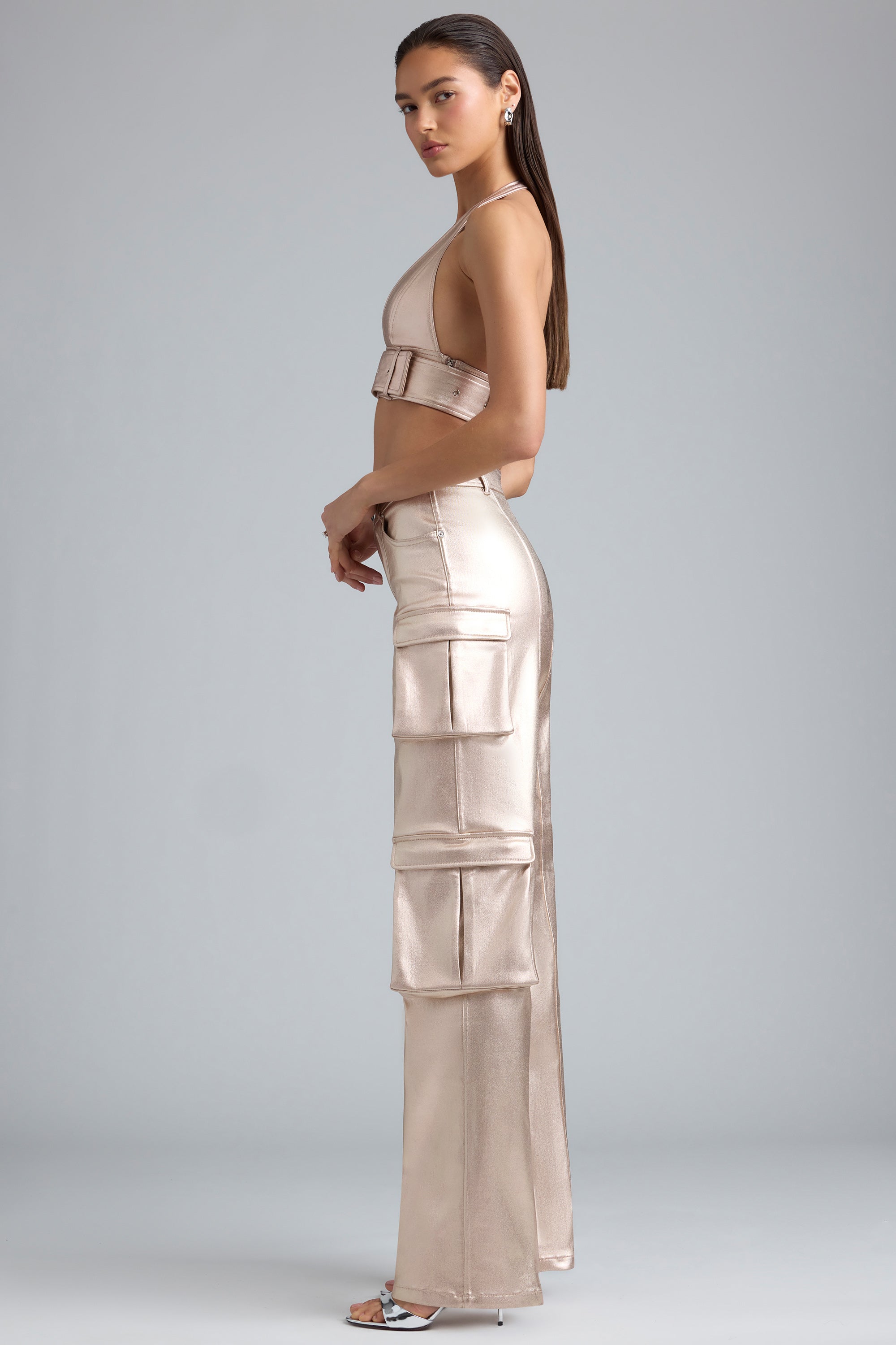Riley-Metallic Denim Cargo Trousers in Champagne