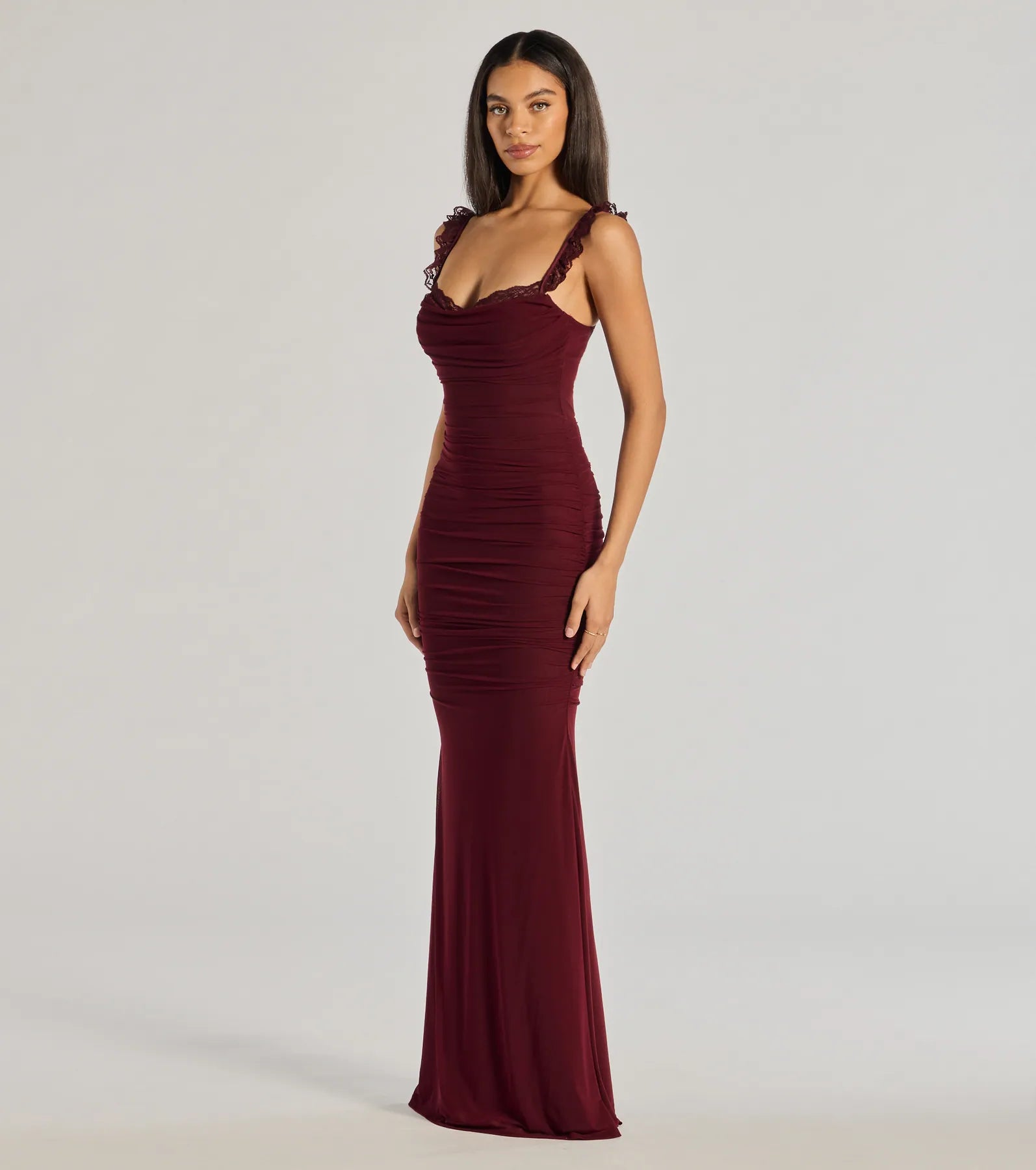 Morgana Lace-Up Ruched Mermaid Dress-BURGUNDY
