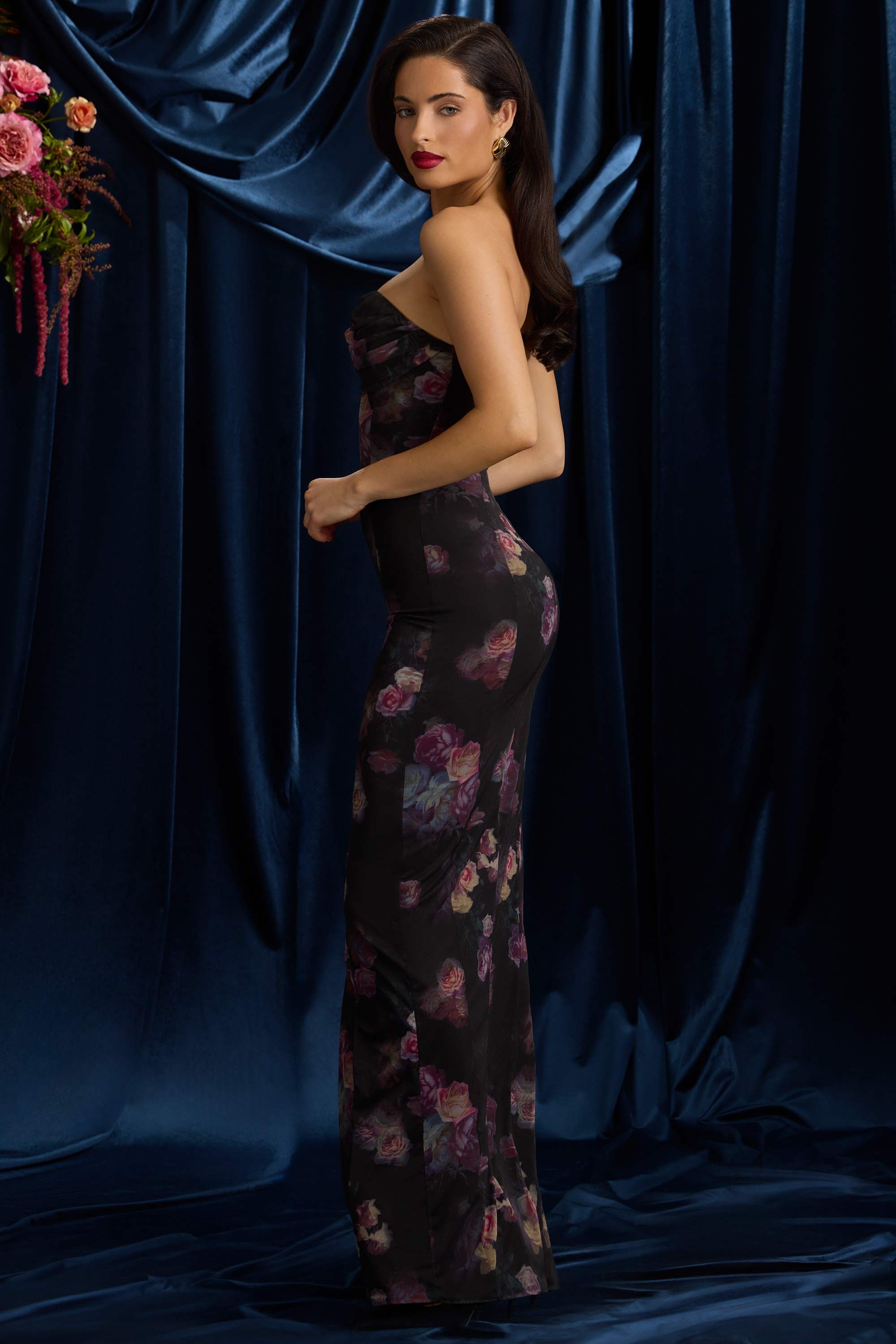 La Rochette-Bandeau Cowl-Neck Maxi Dress in Black Floral Print