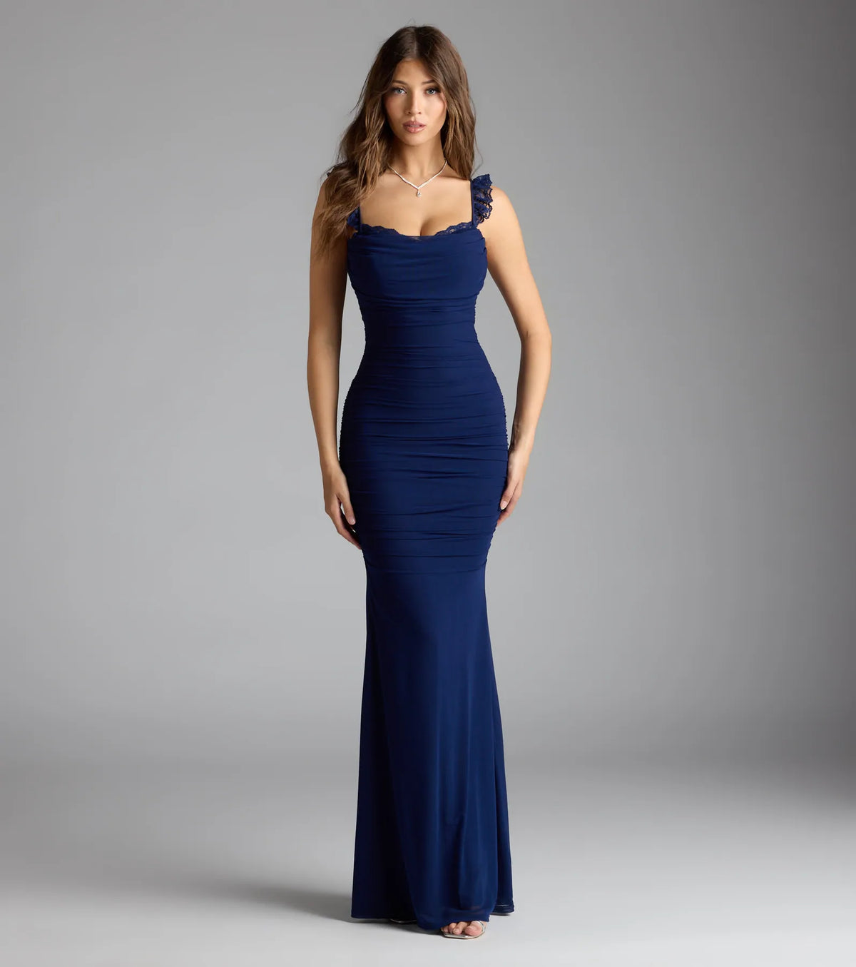 Morgana Lace-Up Ruched Mermaid Dress-NAVY