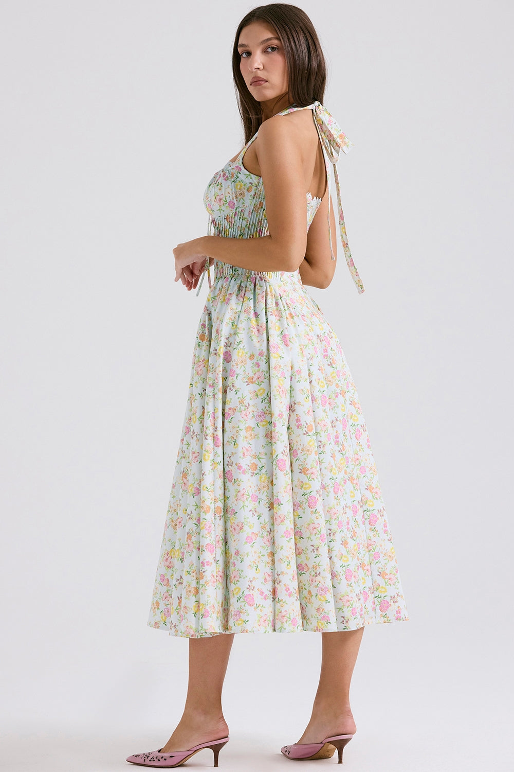 Adabella-Pale Blue Meadow Print Cotton Halter Sundress