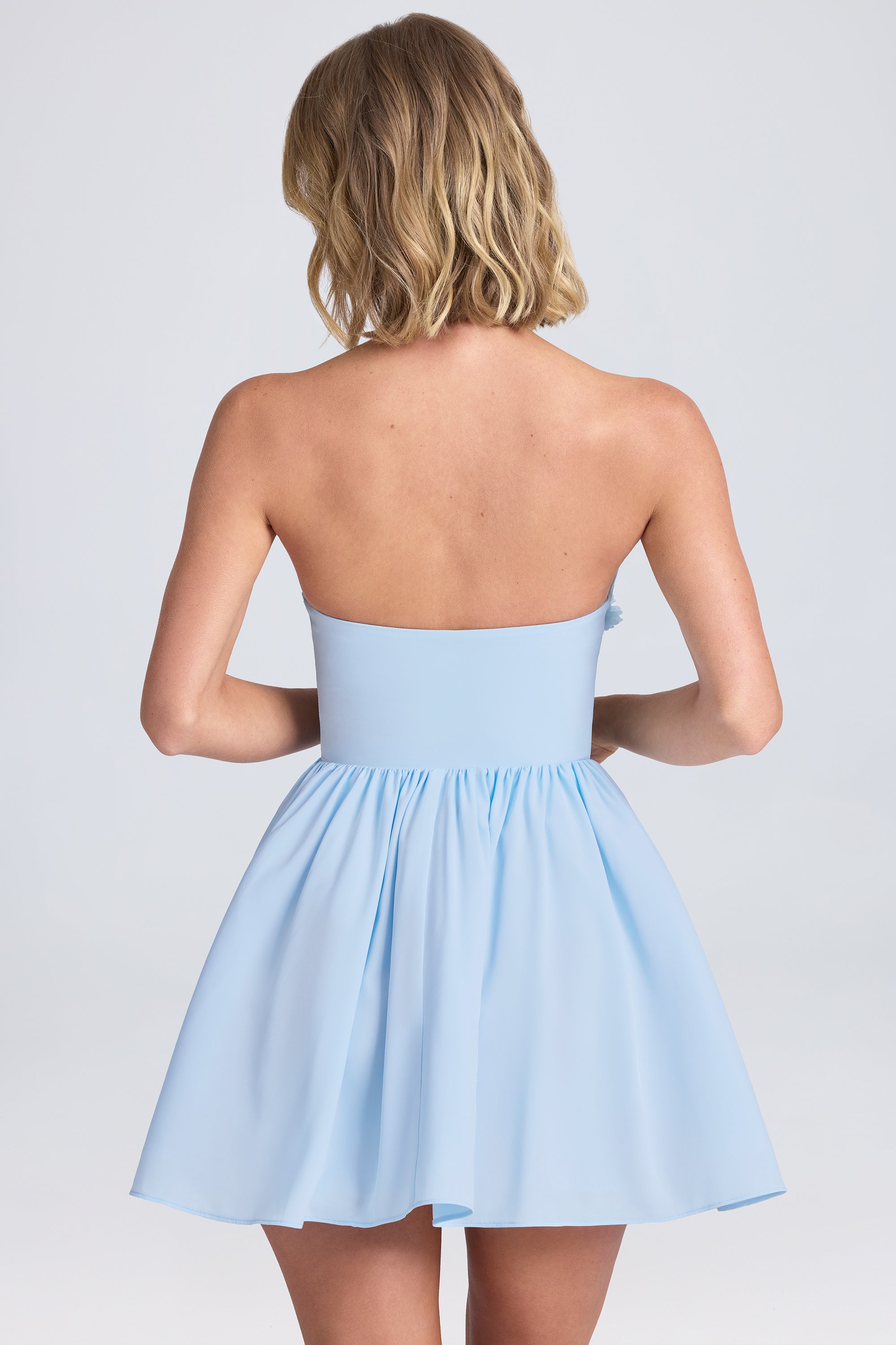 Augusta-Halterneck Floral-Appliqué Corset Mini Dress in Powder Blue