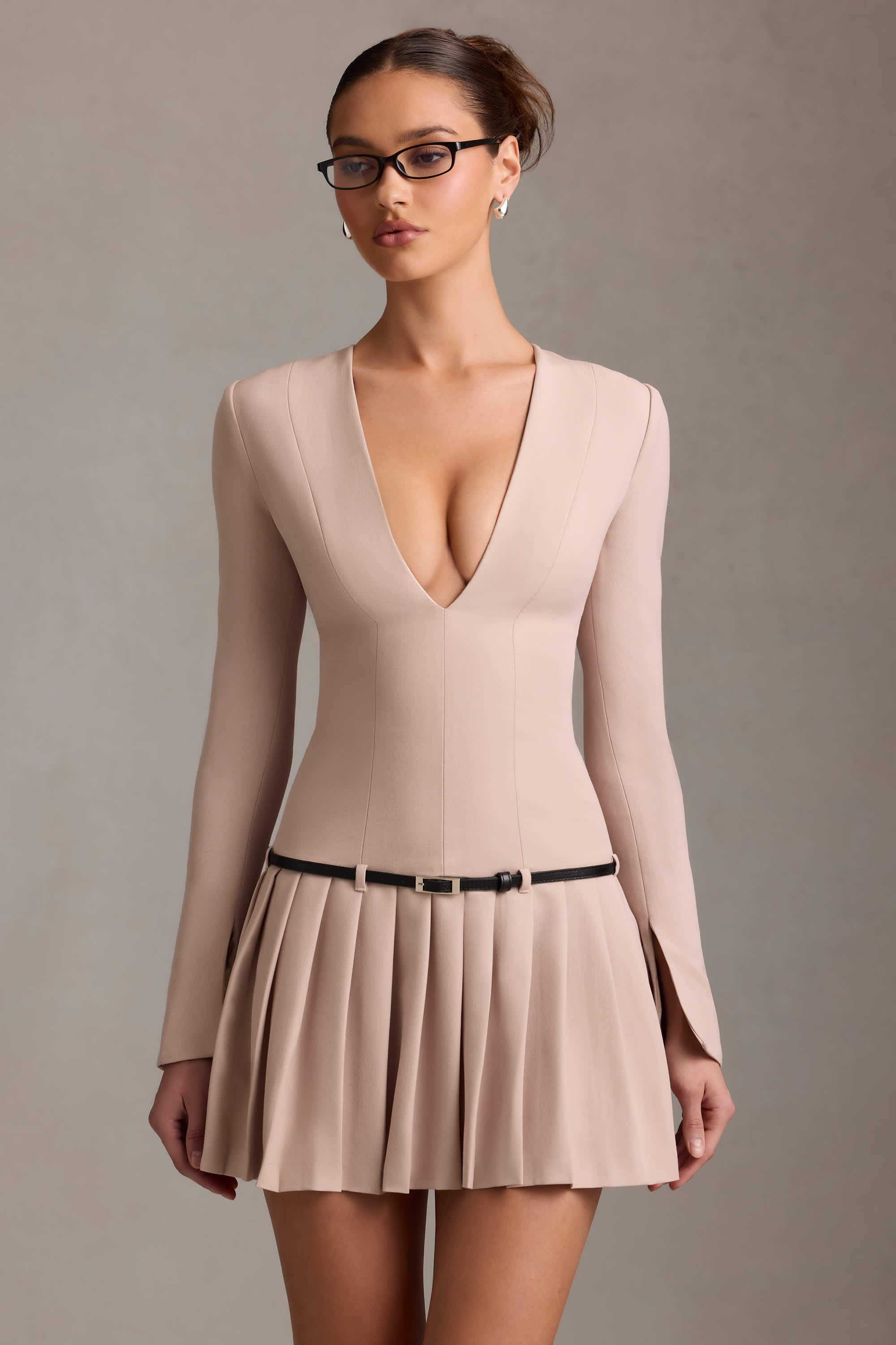 Fiorella-Long-Sleeve Pleated Mini Dress in Mushroom