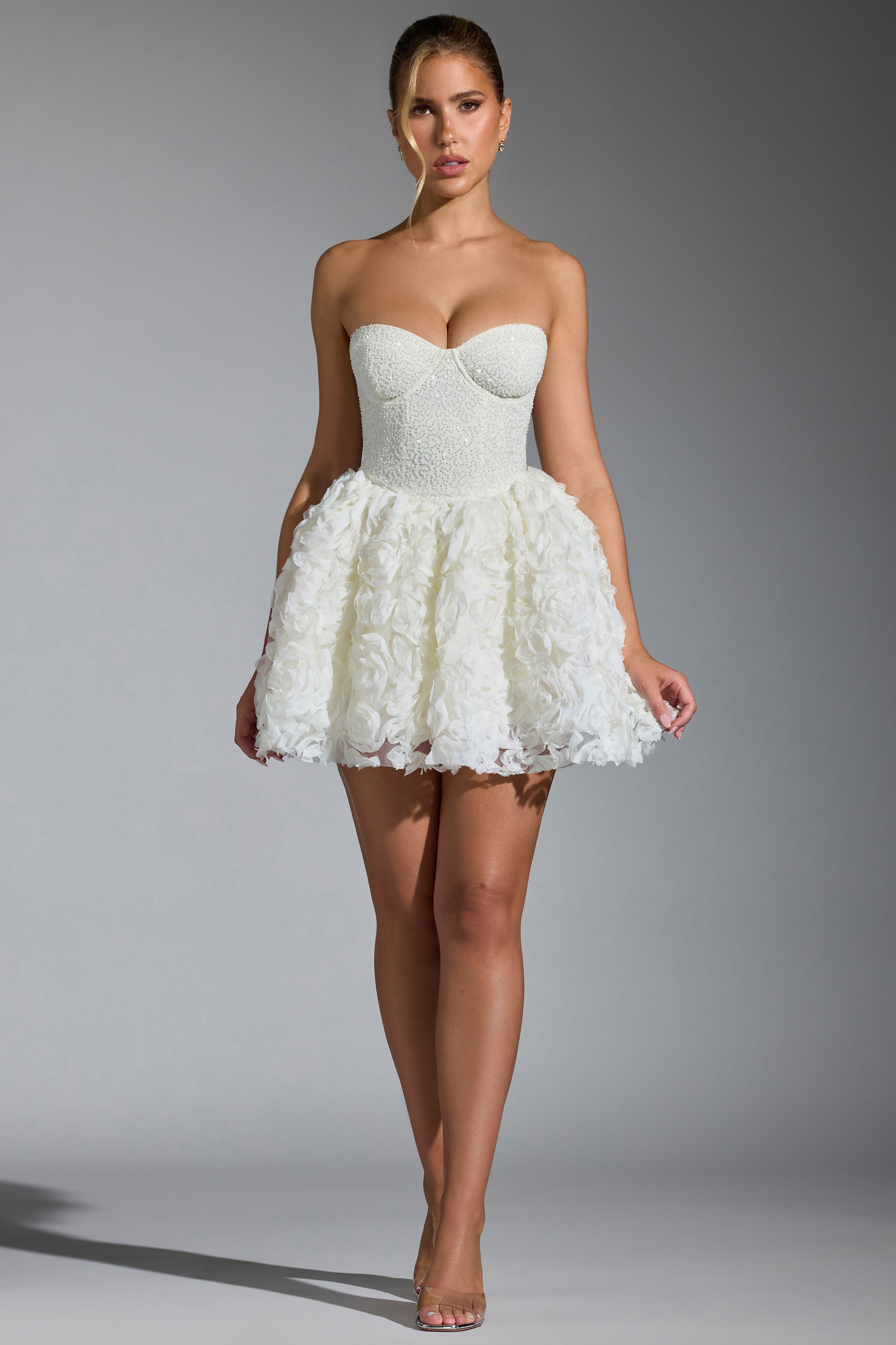 Evanthe-Embellished Floral-Appliqué Lace-Up Mini Dress in White