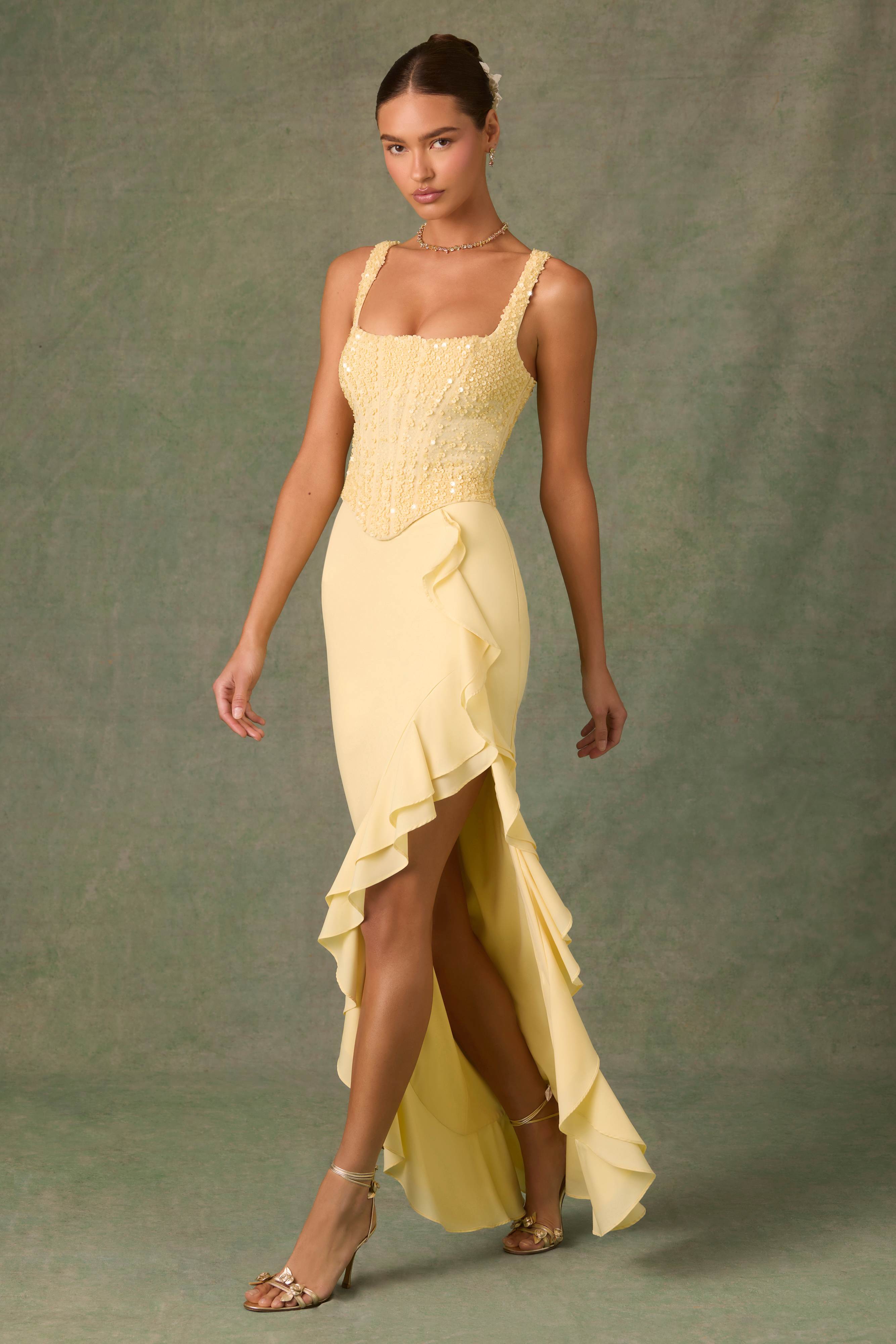 Robina-Embellished Ruffle-Trim Corset Gown in Yellow