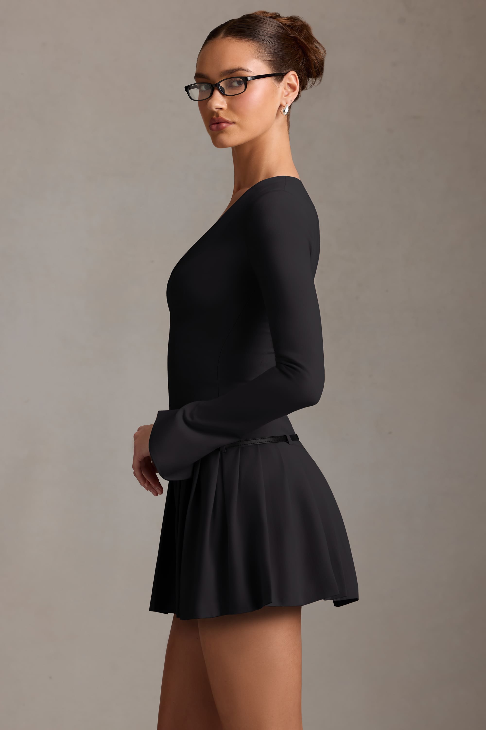 Fiorella-Long-Sleeve Pleated Mini Dress in Black