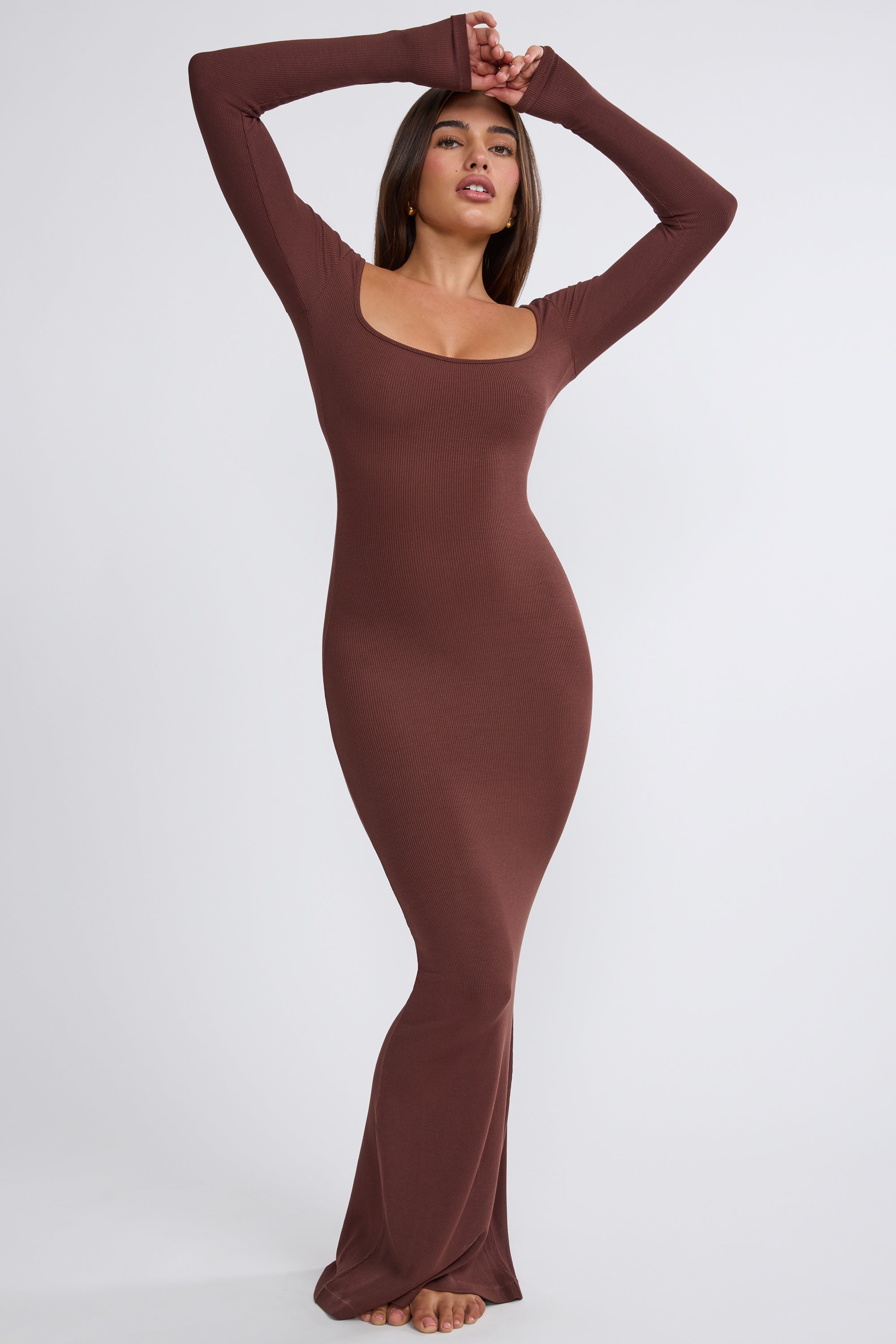 Jude-Ribbed Modal Long Sleeve Maxi Dress in Chocolate