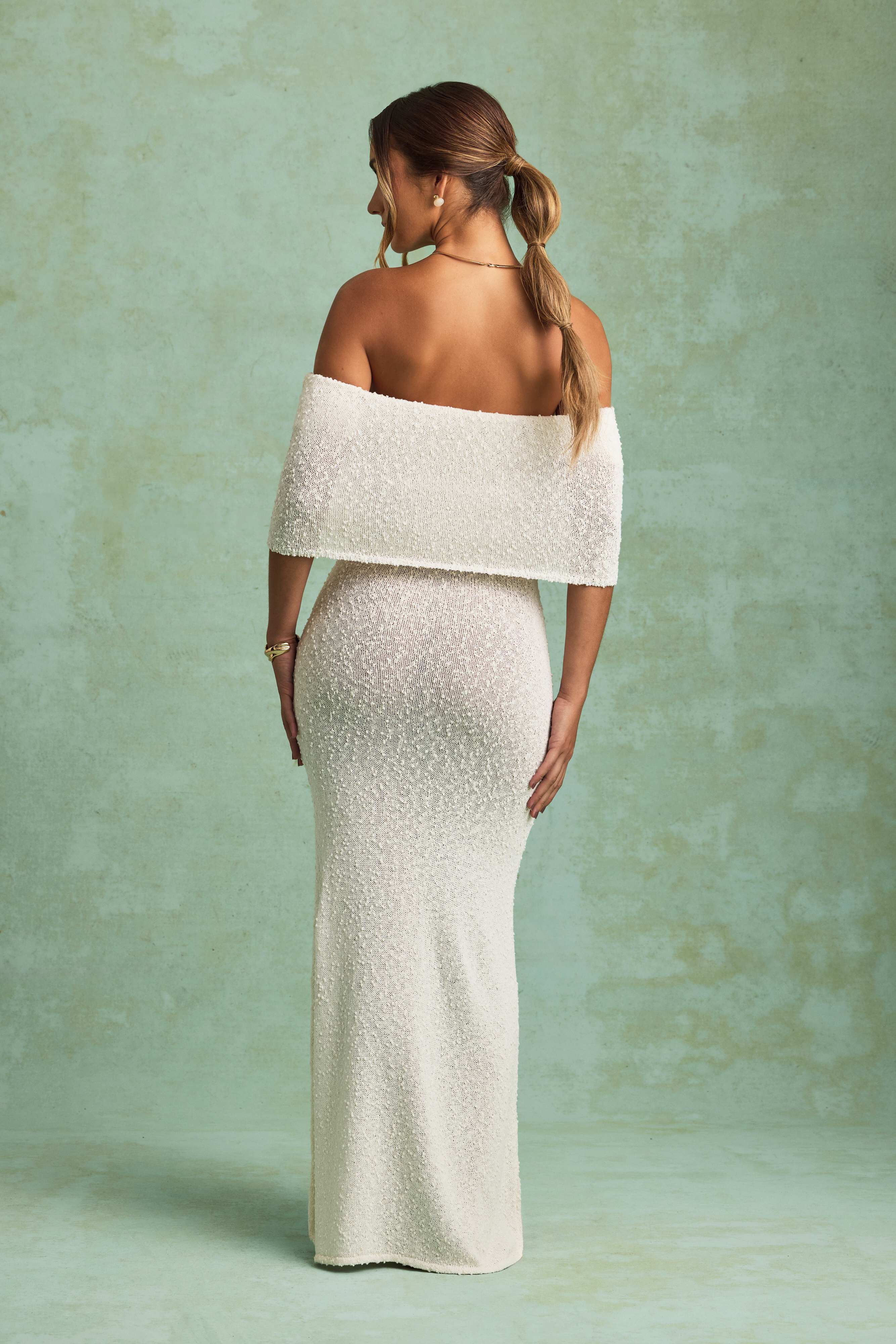 Naia-Bouclé Off-Shoulder Maxi Dress in White