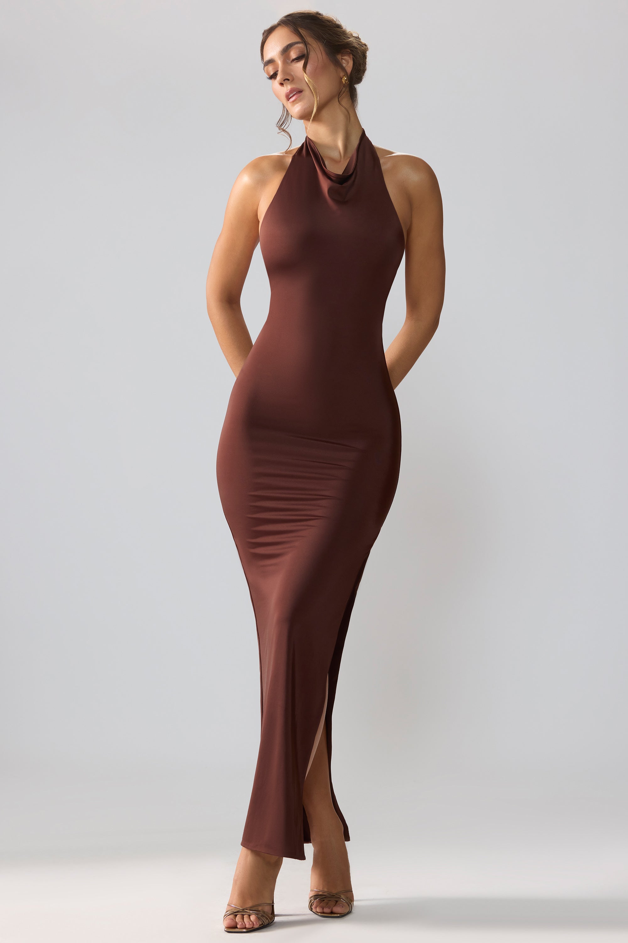 Anise-Premium Jersey Cowl Neck Backless Maxi Dress in Espresso