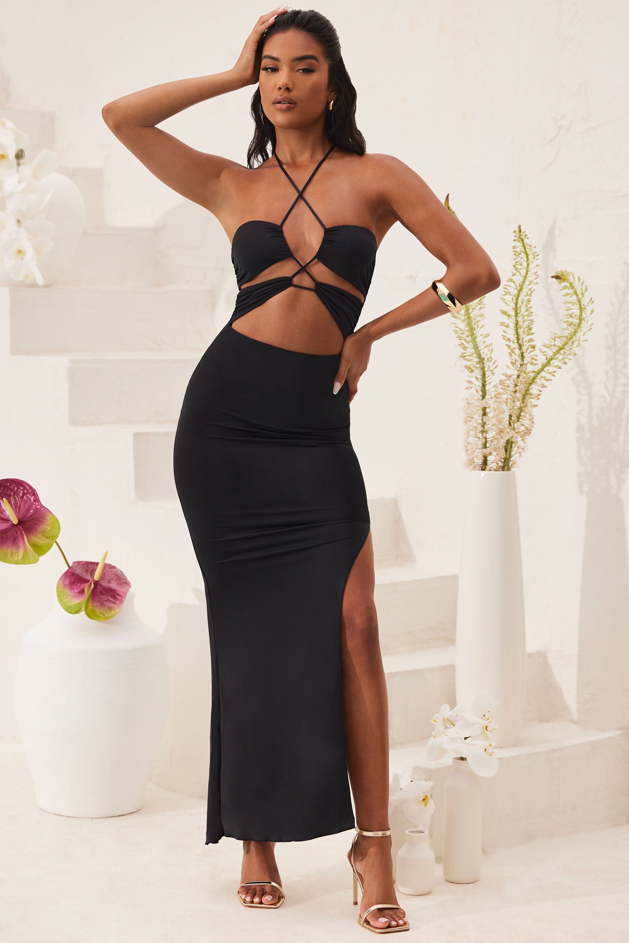 Oceane-Cut Out Halter Neck Floor Length Maxi Dress in Black