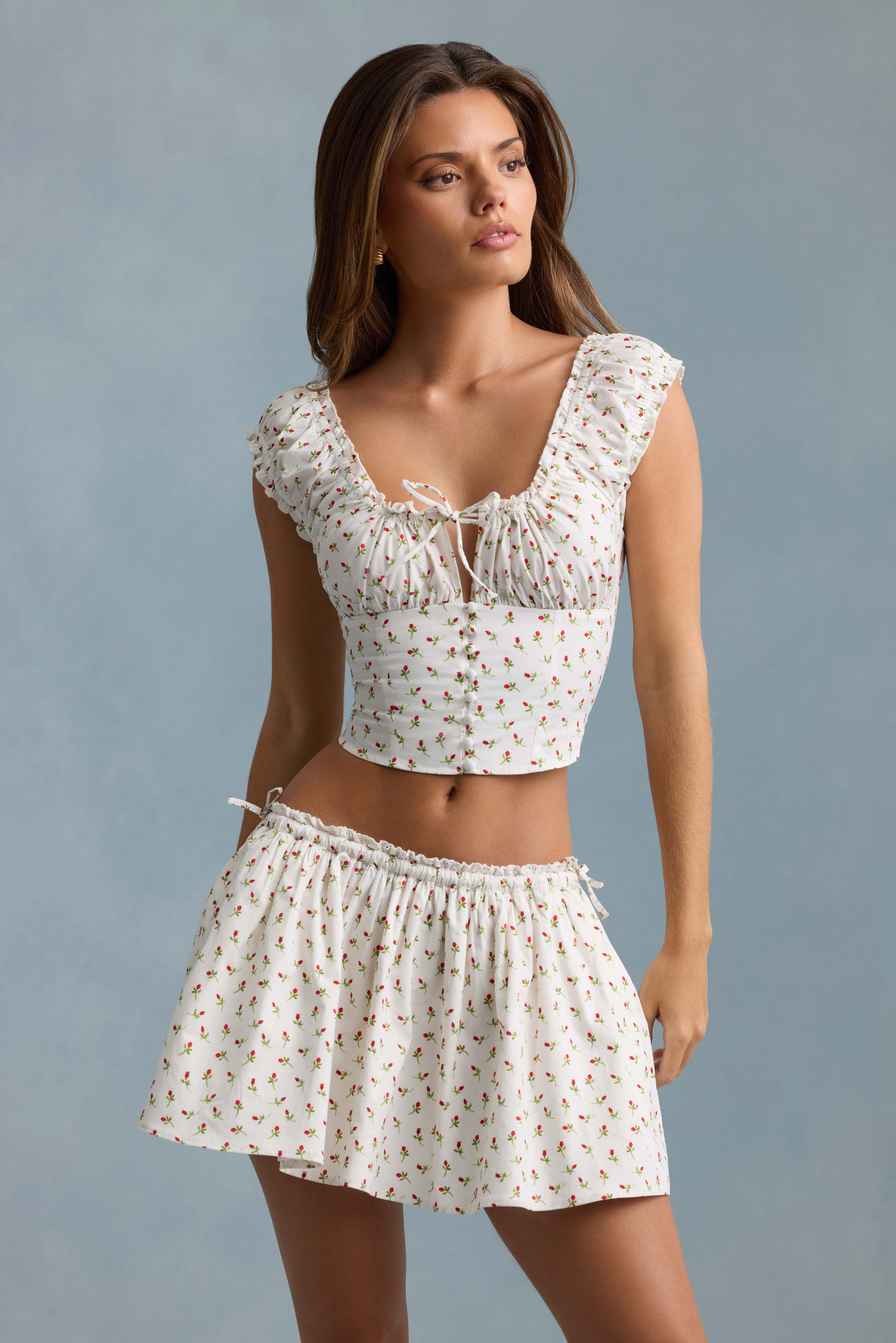 Faela-Ruched Cotton-Poplin Corset Top in Rose Print