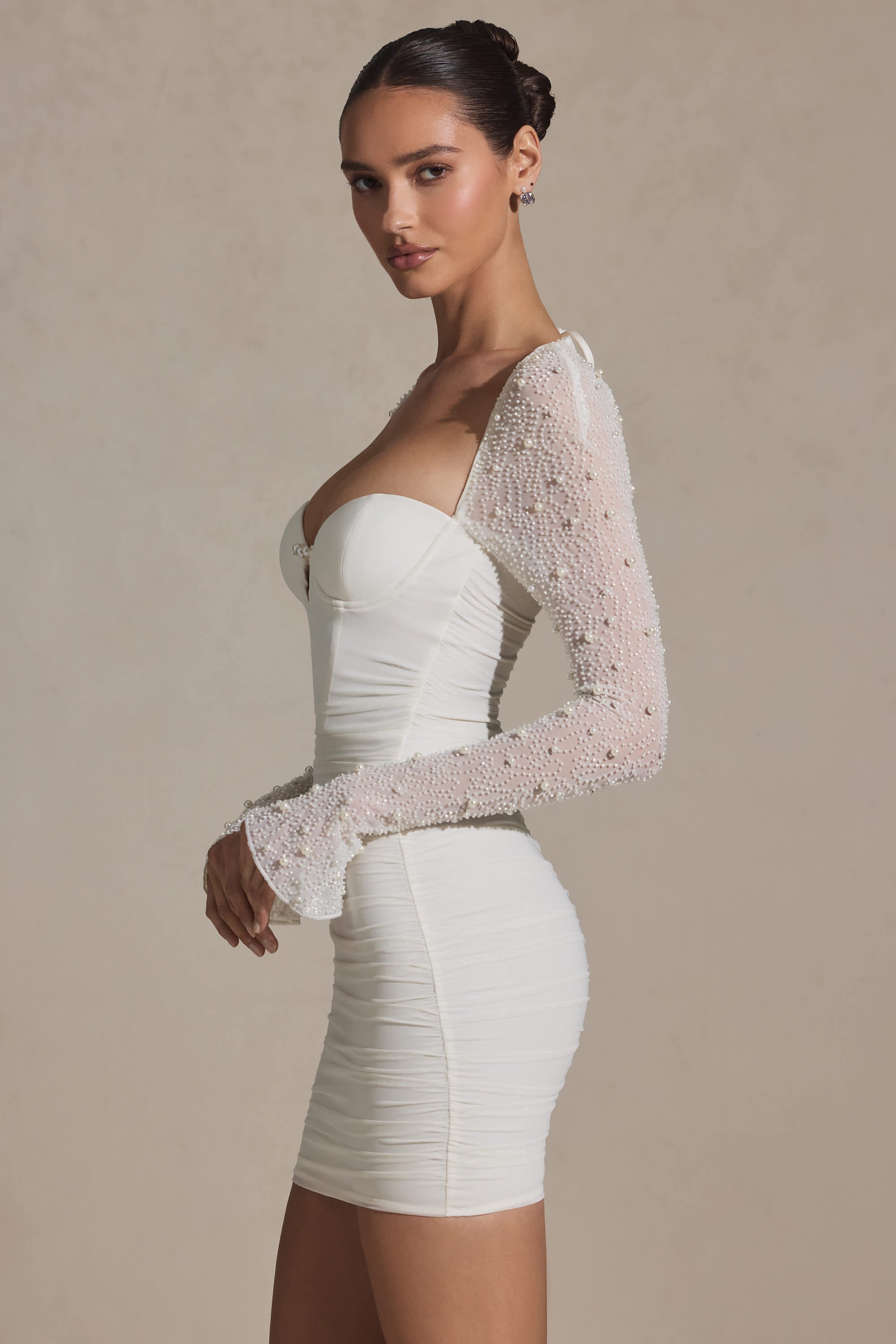St Germain-Embellished Long-Sleeve Mini Dress in White