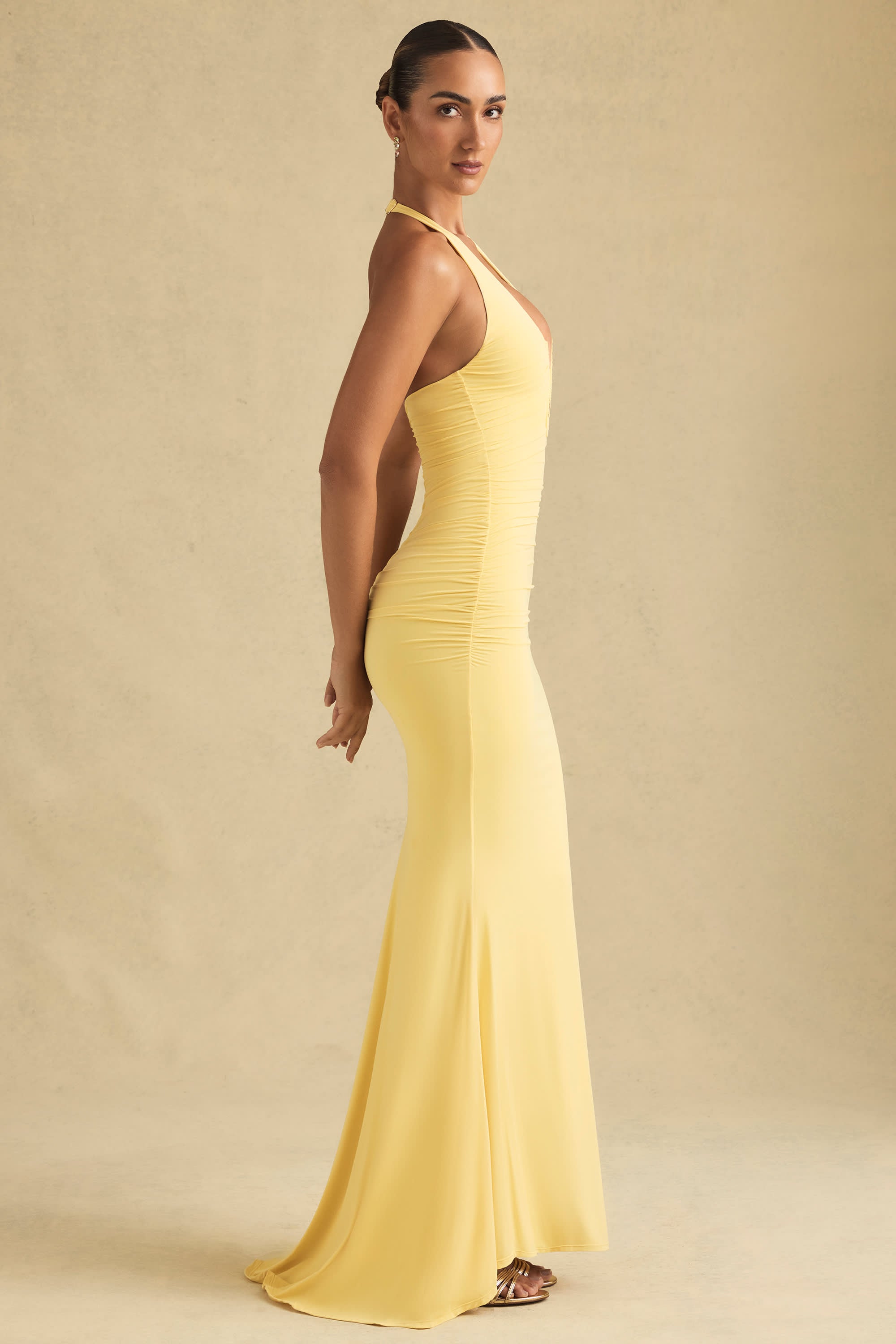 Laverna-Ruched Backless Halterneck Gown in Pastel Yellow