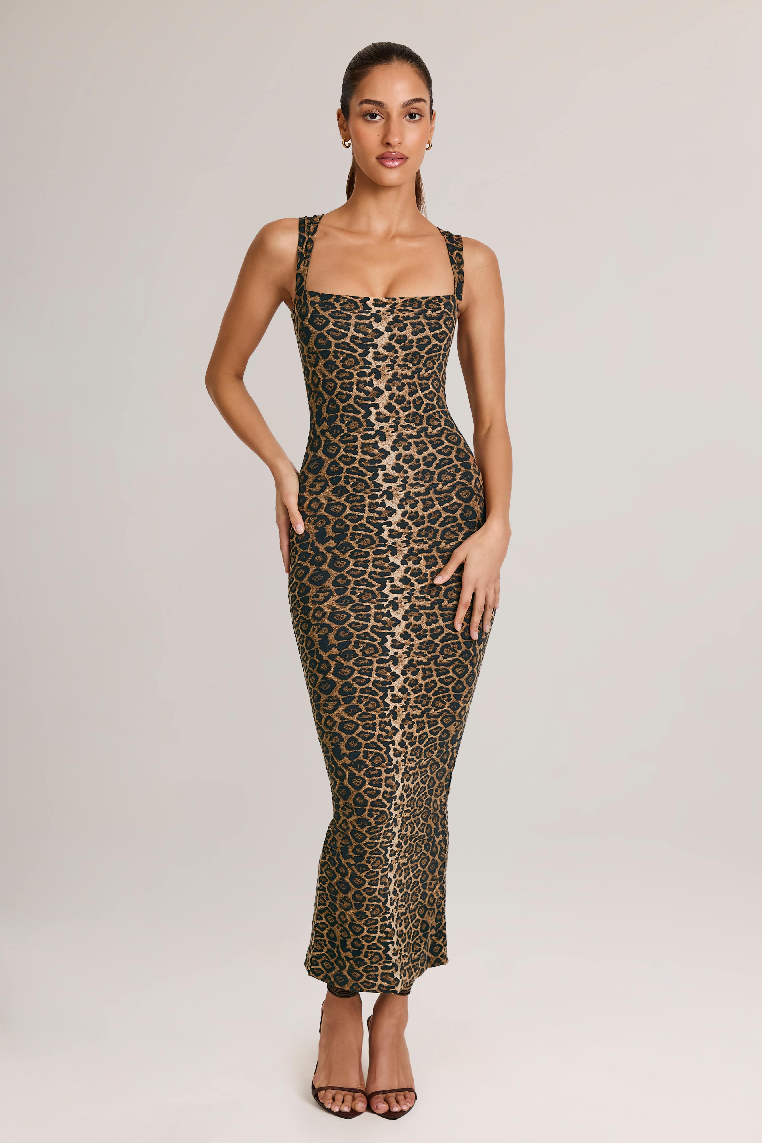 Ainslee-Modal Square-Neck Bodycon Midi Dress in Leopard Print