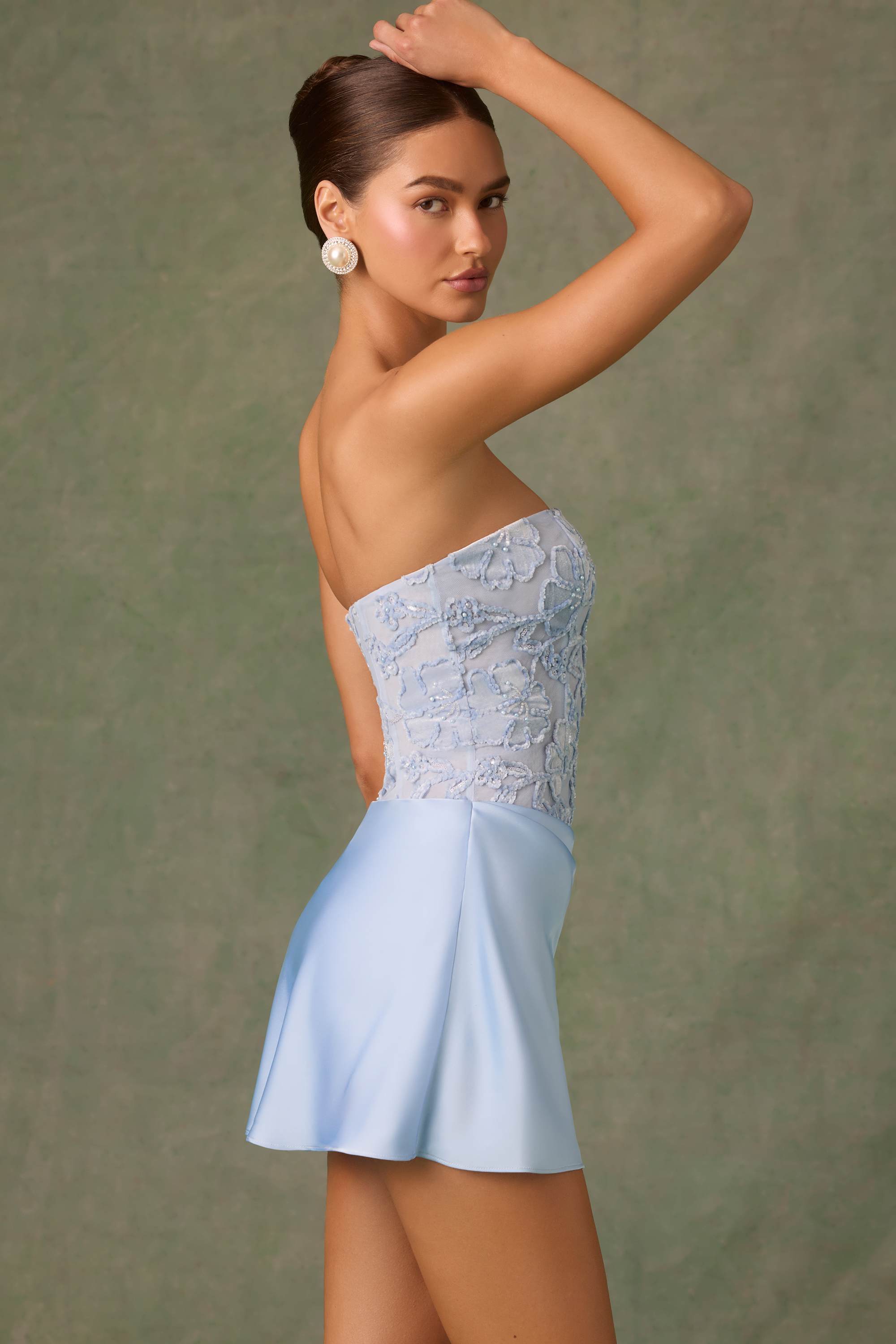 Eden-Embellished Draped Strapless A-Line Mini Dress in Sky Blue