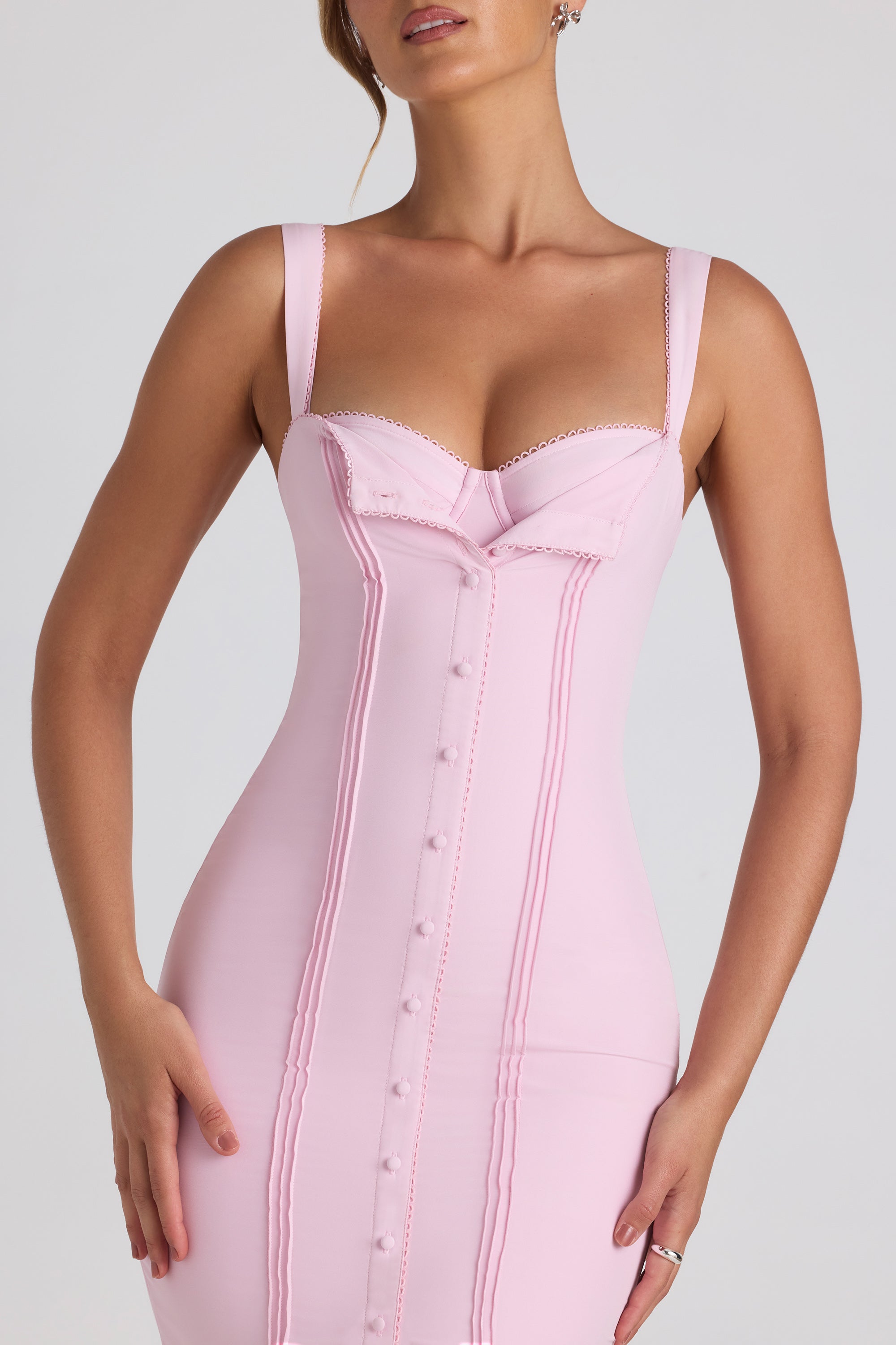 Theodora-Button-Detail Midaxi Dress in Soft Pink