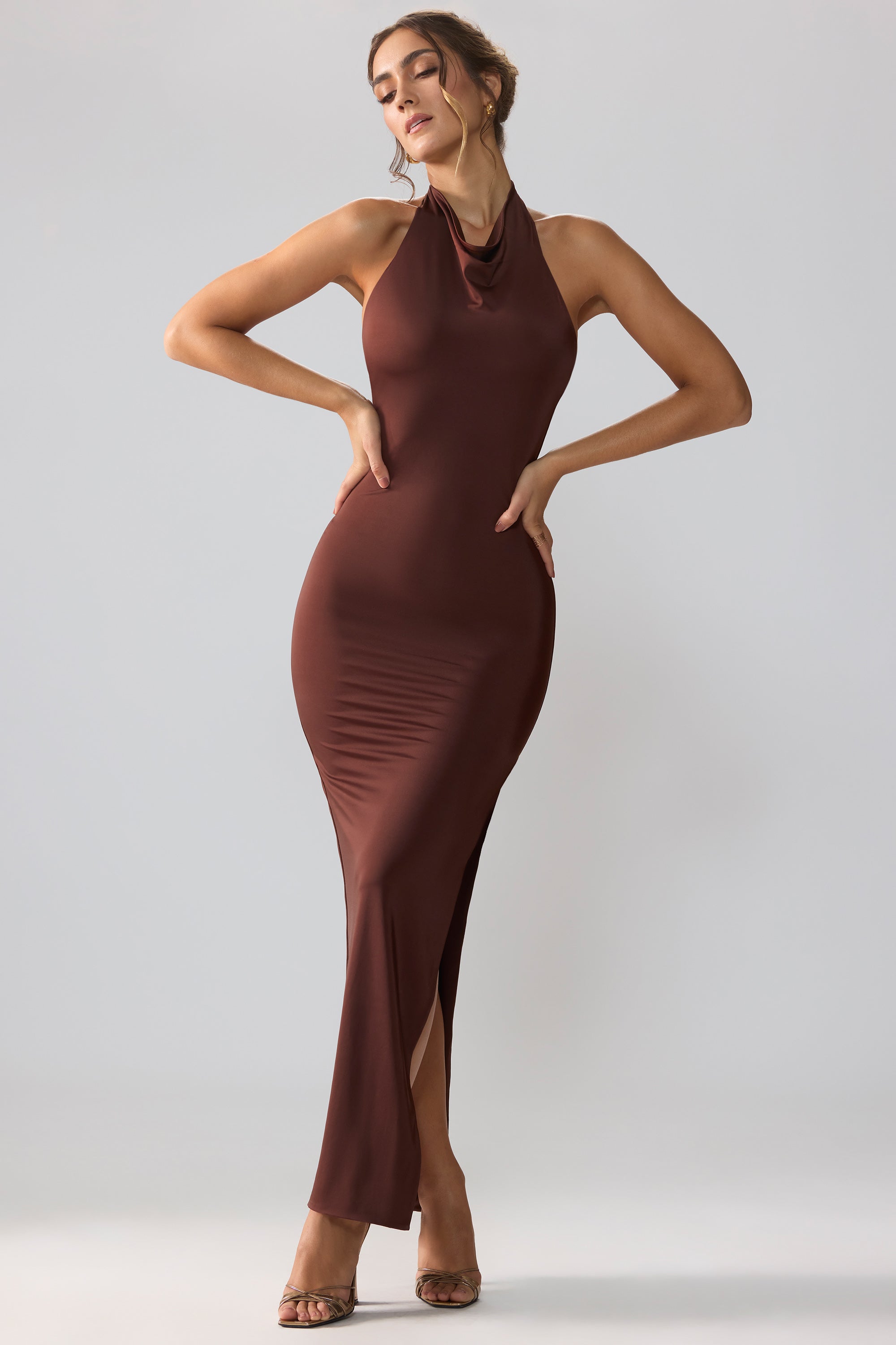 Anise-Premium Jersey Cowl Neck Backless Maxi Dress in Espresso