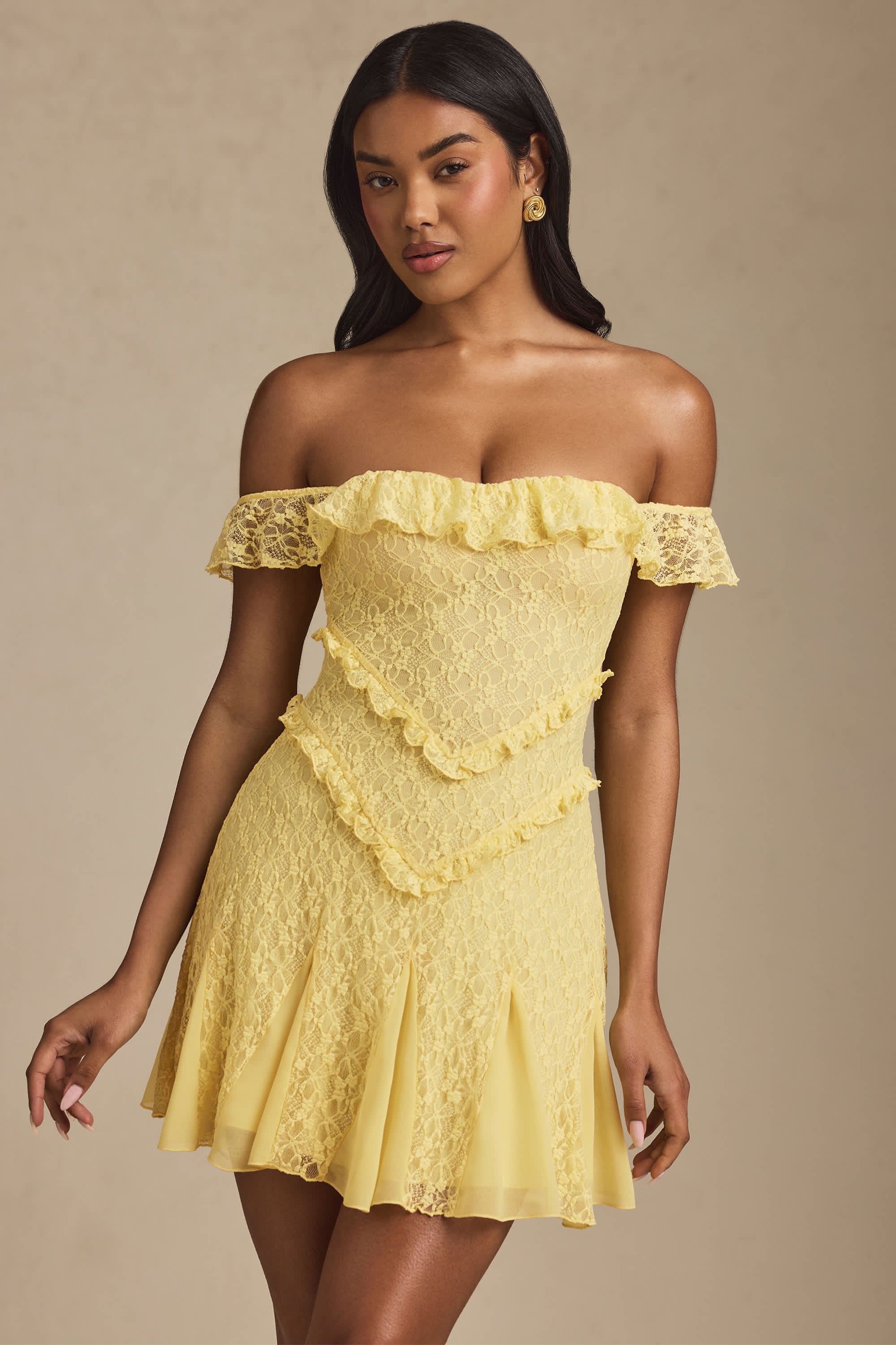 Nahida-Off-Shoulder Lace A-Line Mini Dress in Pastel Yellow