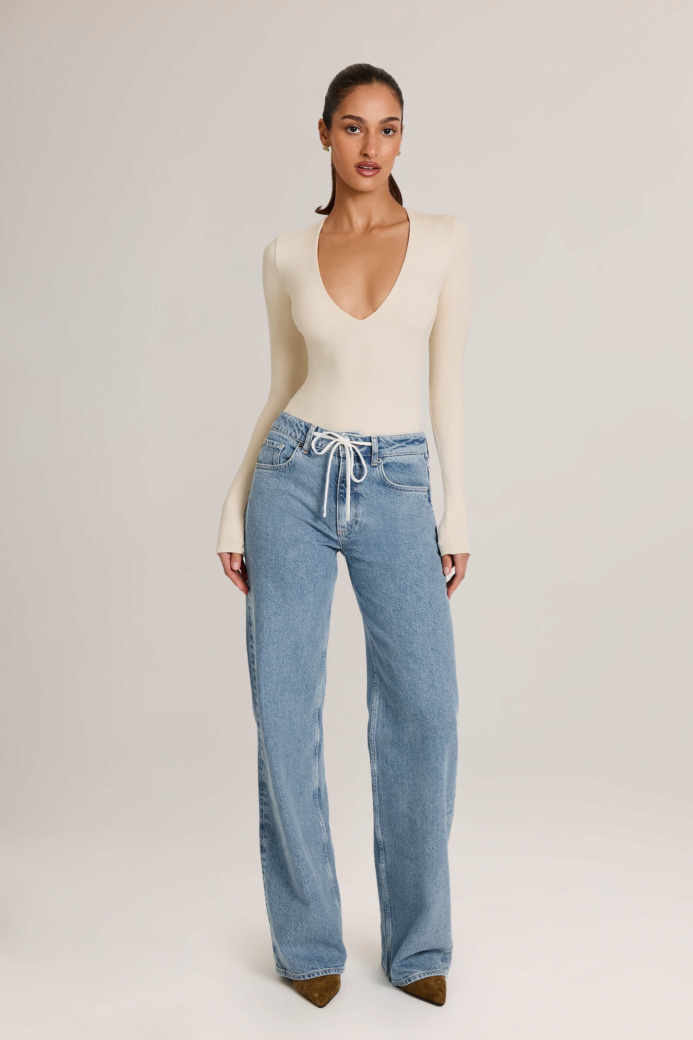 Faedra-Drawstring Straight-Leg Jeans in Light Wash