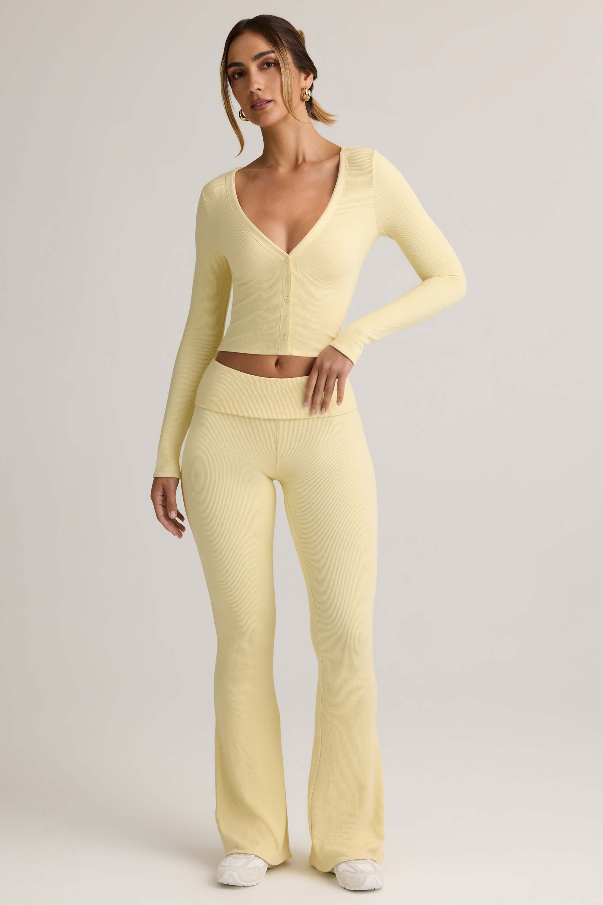 Jules-Modal Ribbed Foldover Flared Trousers in Buttercream Yellow