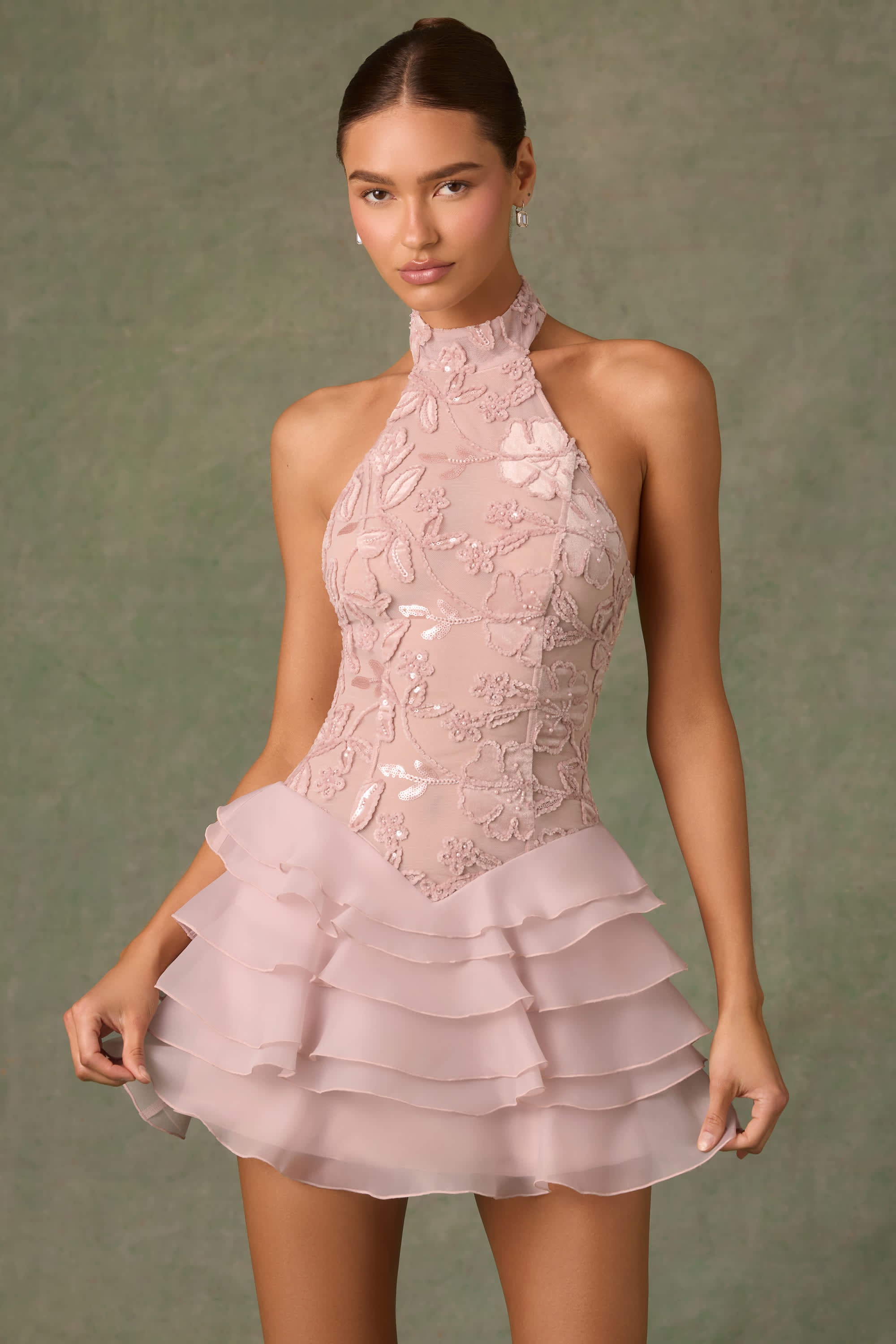 Petalia-Embellished Ruffled Halterneck Mini Dress in Dusty Rose