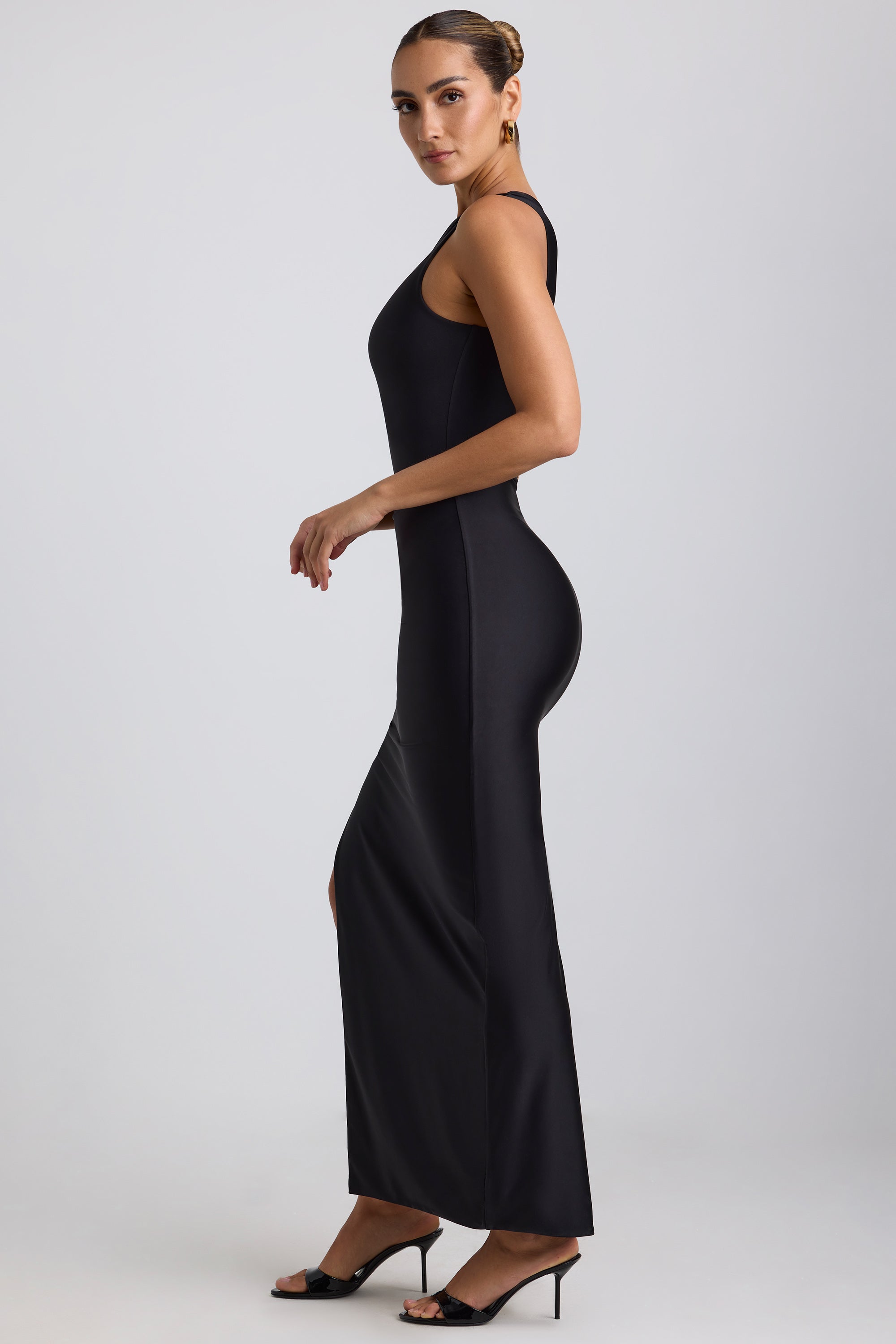 Akeeva-Ruched Asymmetric One-Shoulder Maxi Dress in Black
