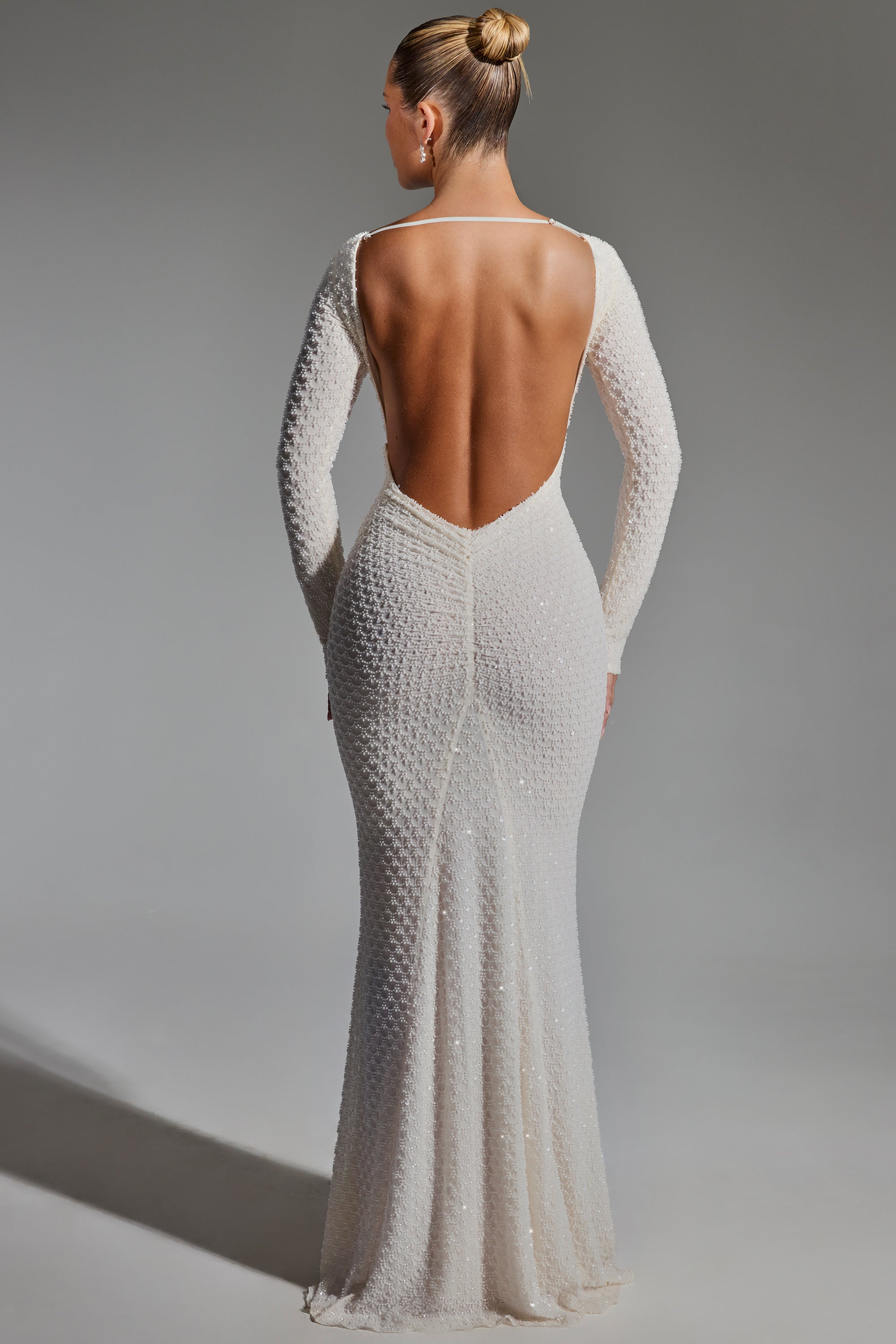 Jailene-Embellished Open-Back Gown in White