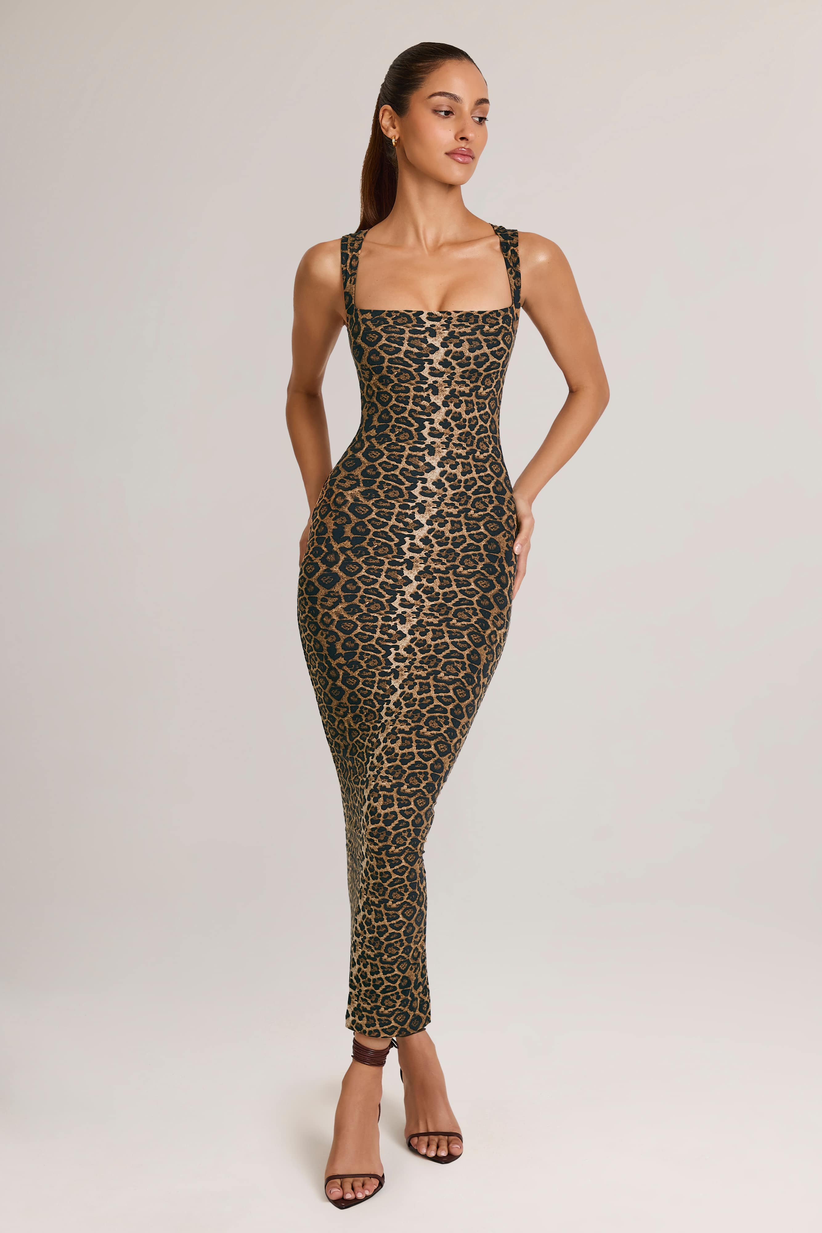 Ainslee-Modal Square-Neck Bodycon Midi Dress in Leopard Print