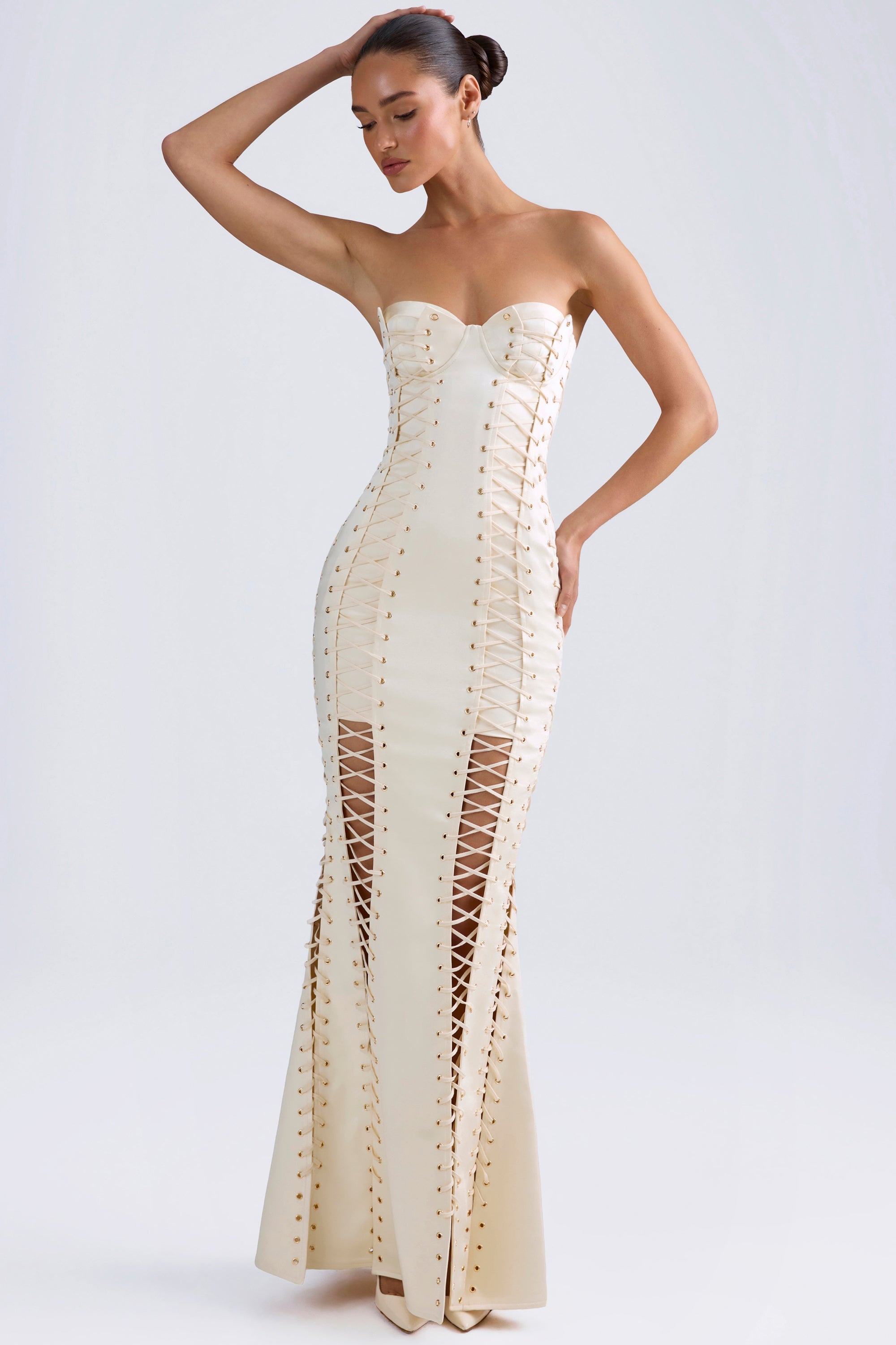 Callidora-Lace-Up Corset Gown in Ivory