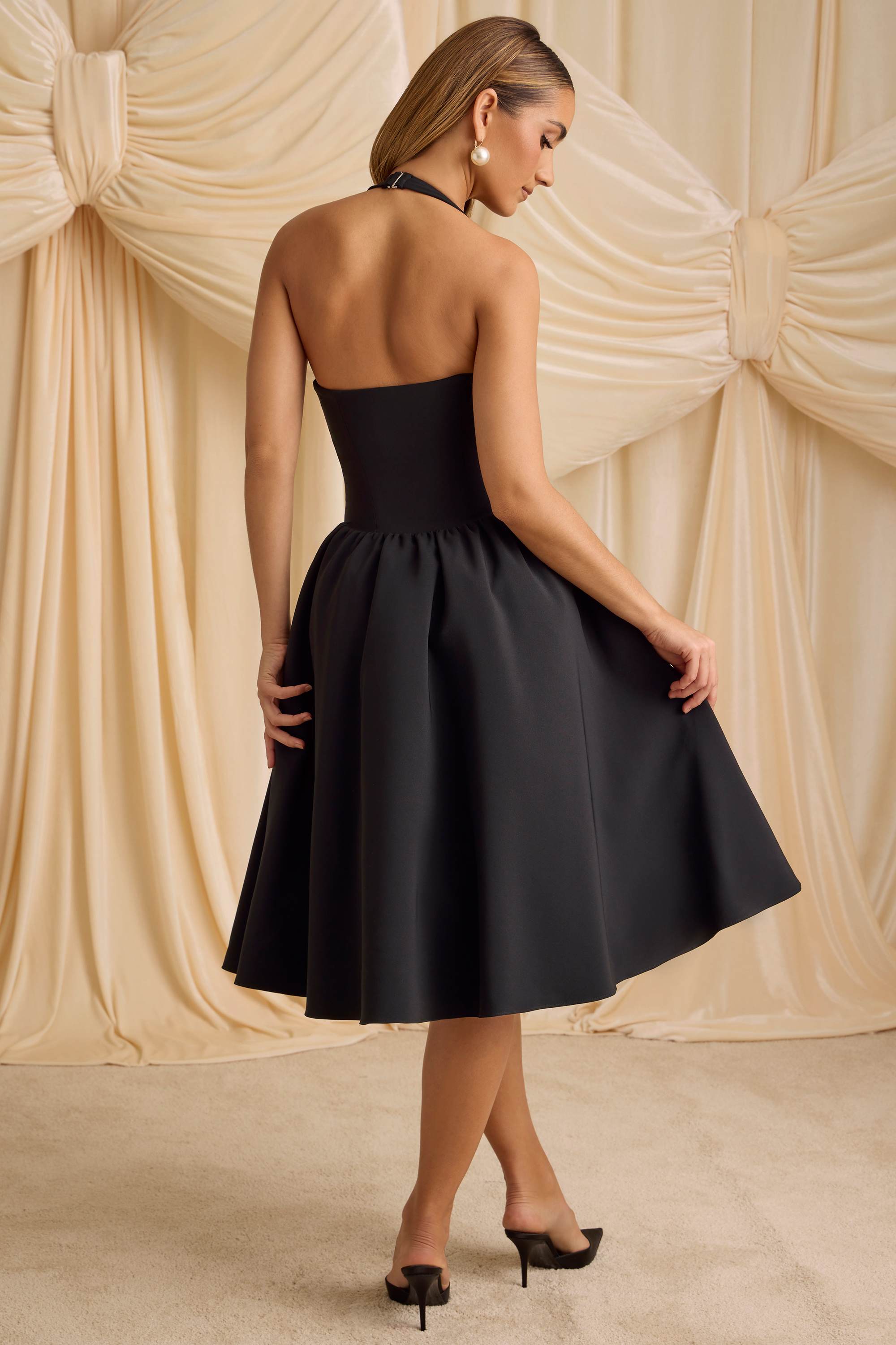 Angelina-Halterneck Bow-Detail Midi Dress in Black