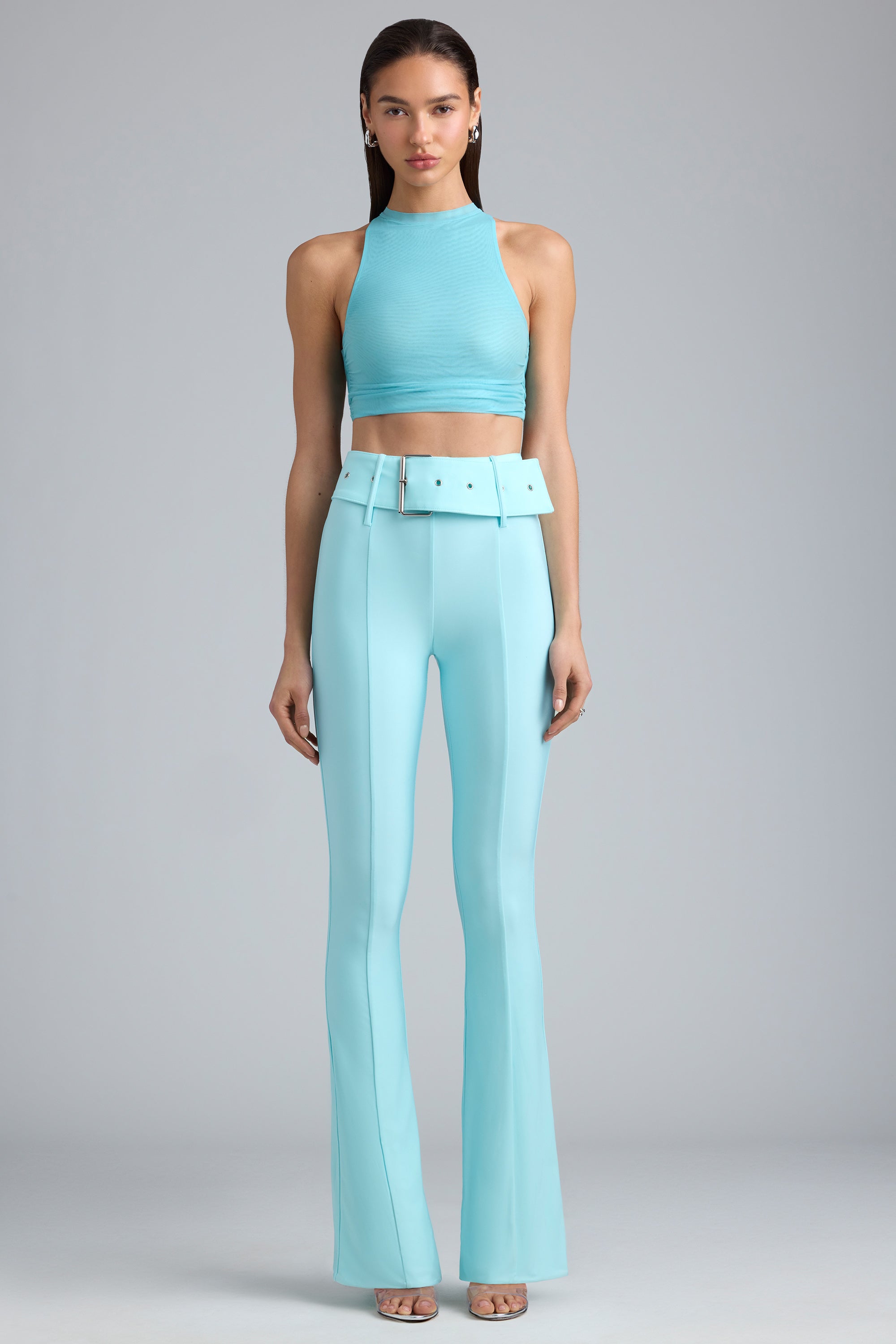 Gia-Tall Metallic Belted Mid-Rise Flared Trousers in Ice Blue