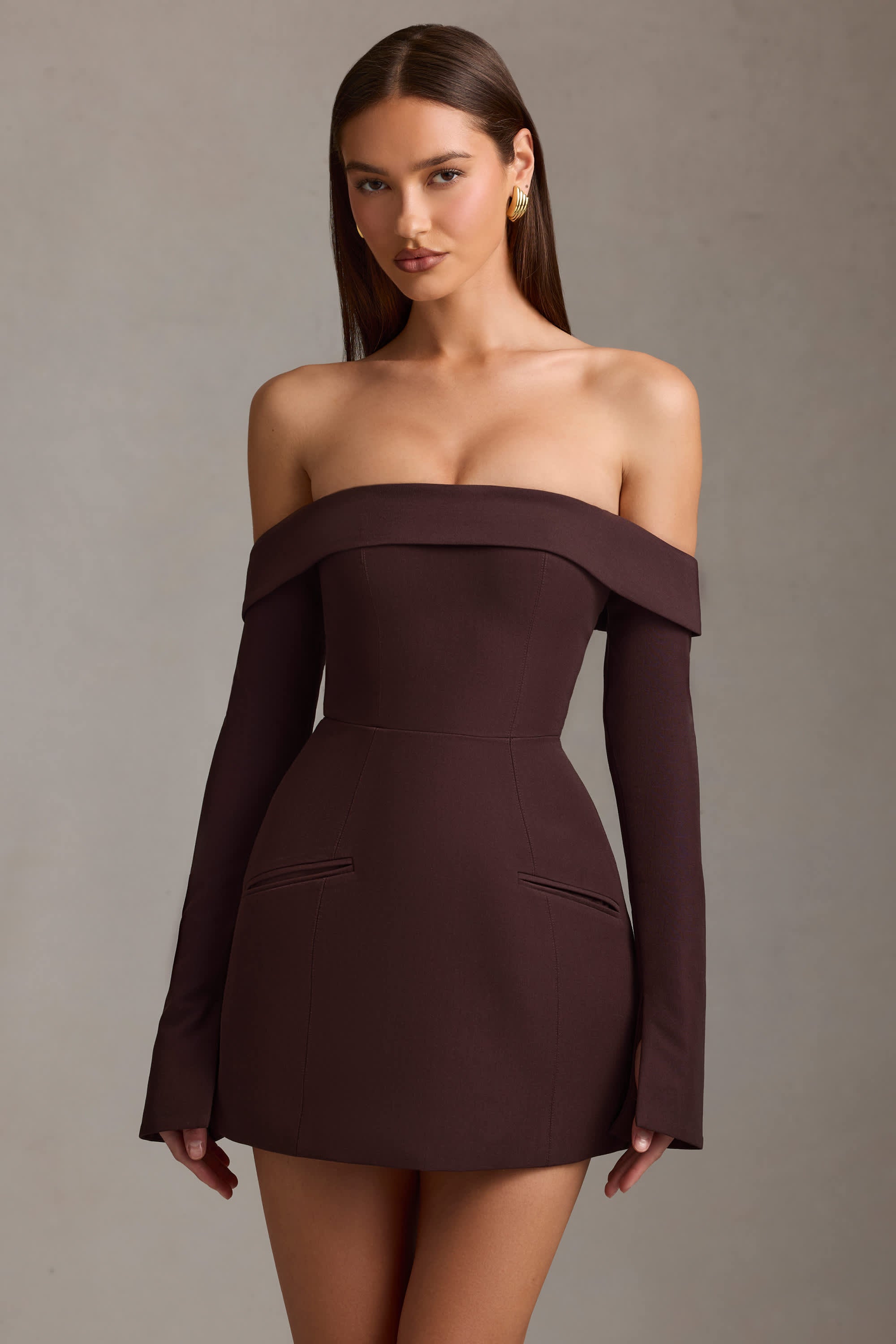 Seraphina-Off-Shoulder Structured A-Line Mini Dress in Chocolate Brown
