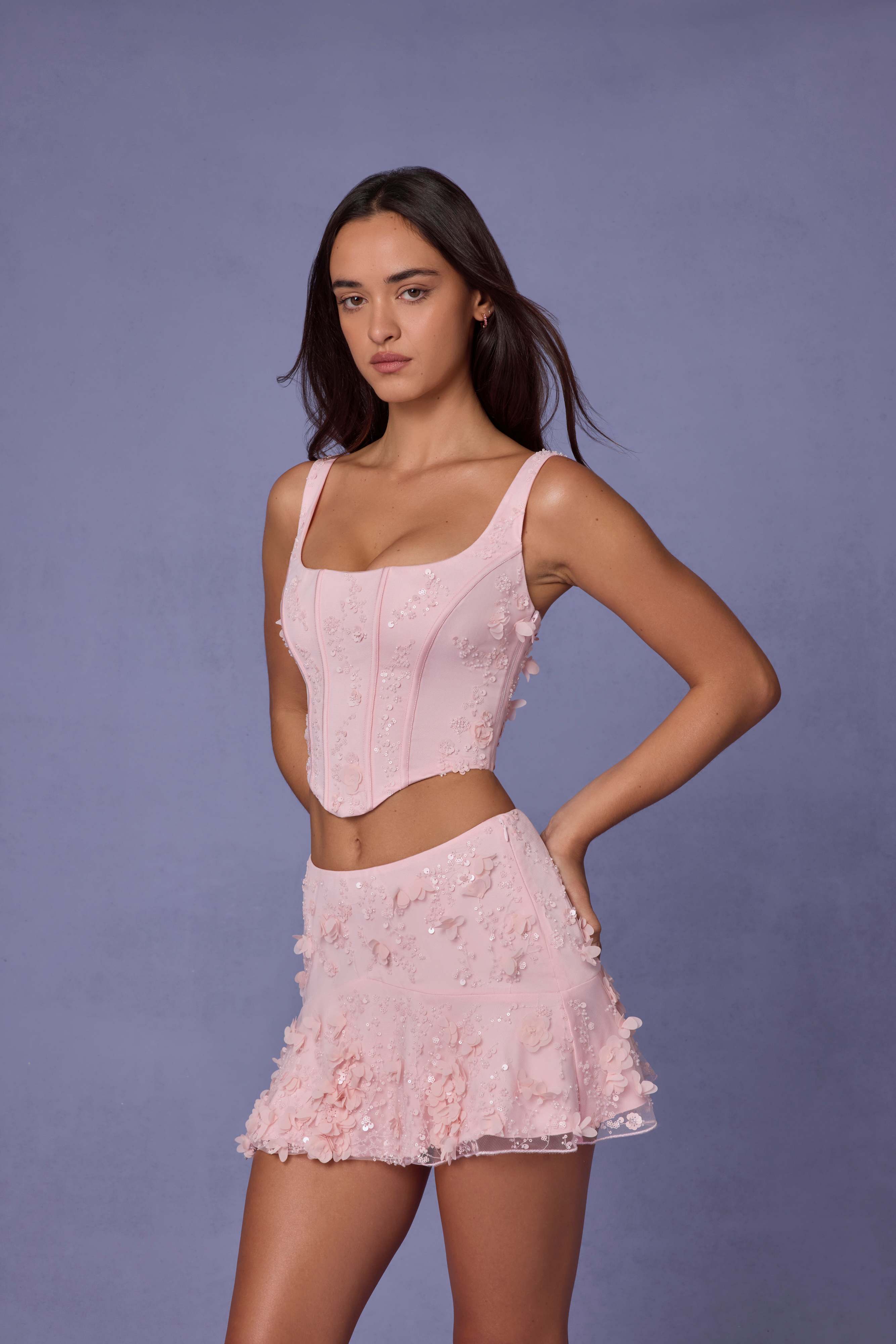 Lorelei-Embellished Mid-Rise A-Line Mini Skirt in Soft Pink