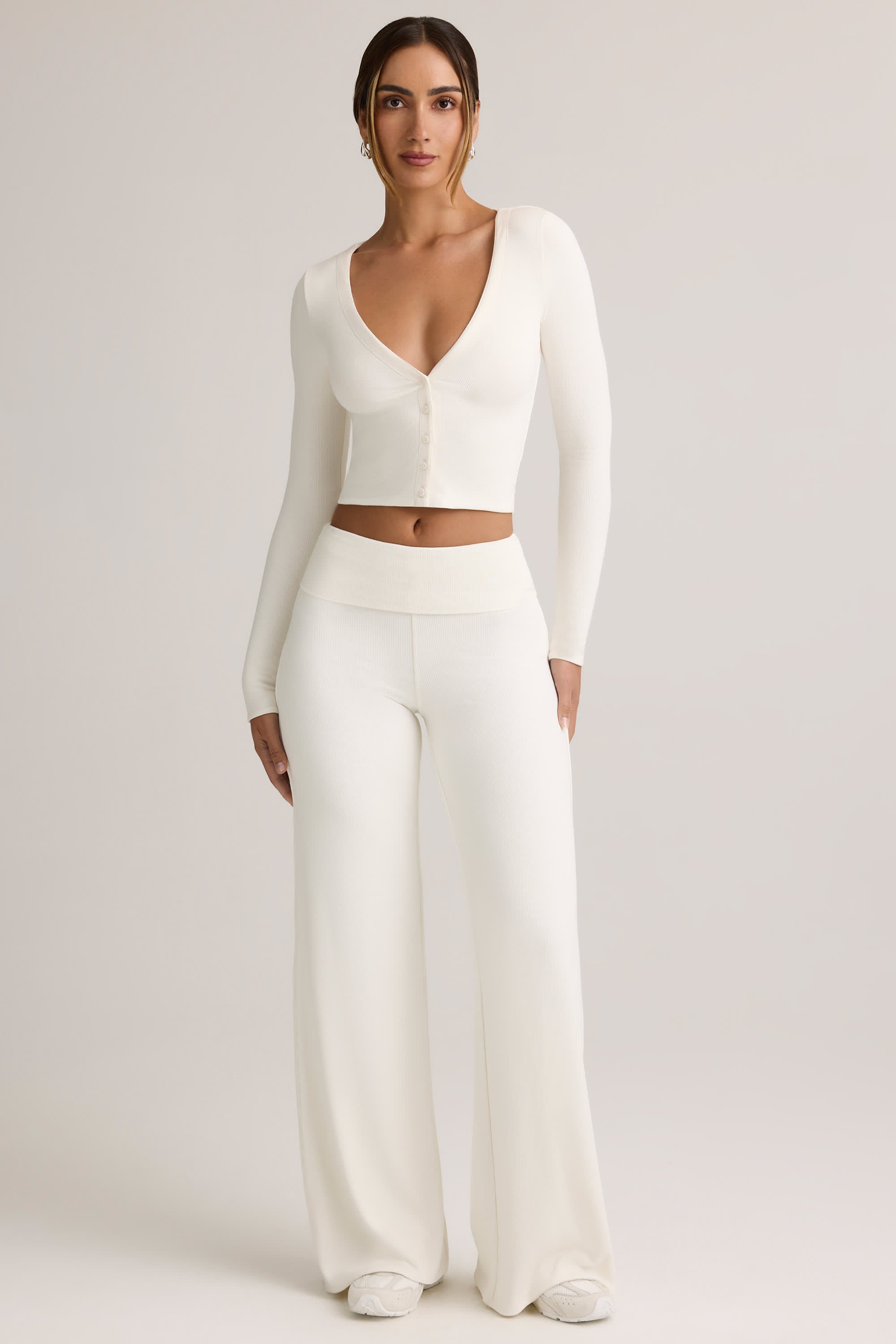 Melida-Modal Foldover Wide-Leg Trousers in White